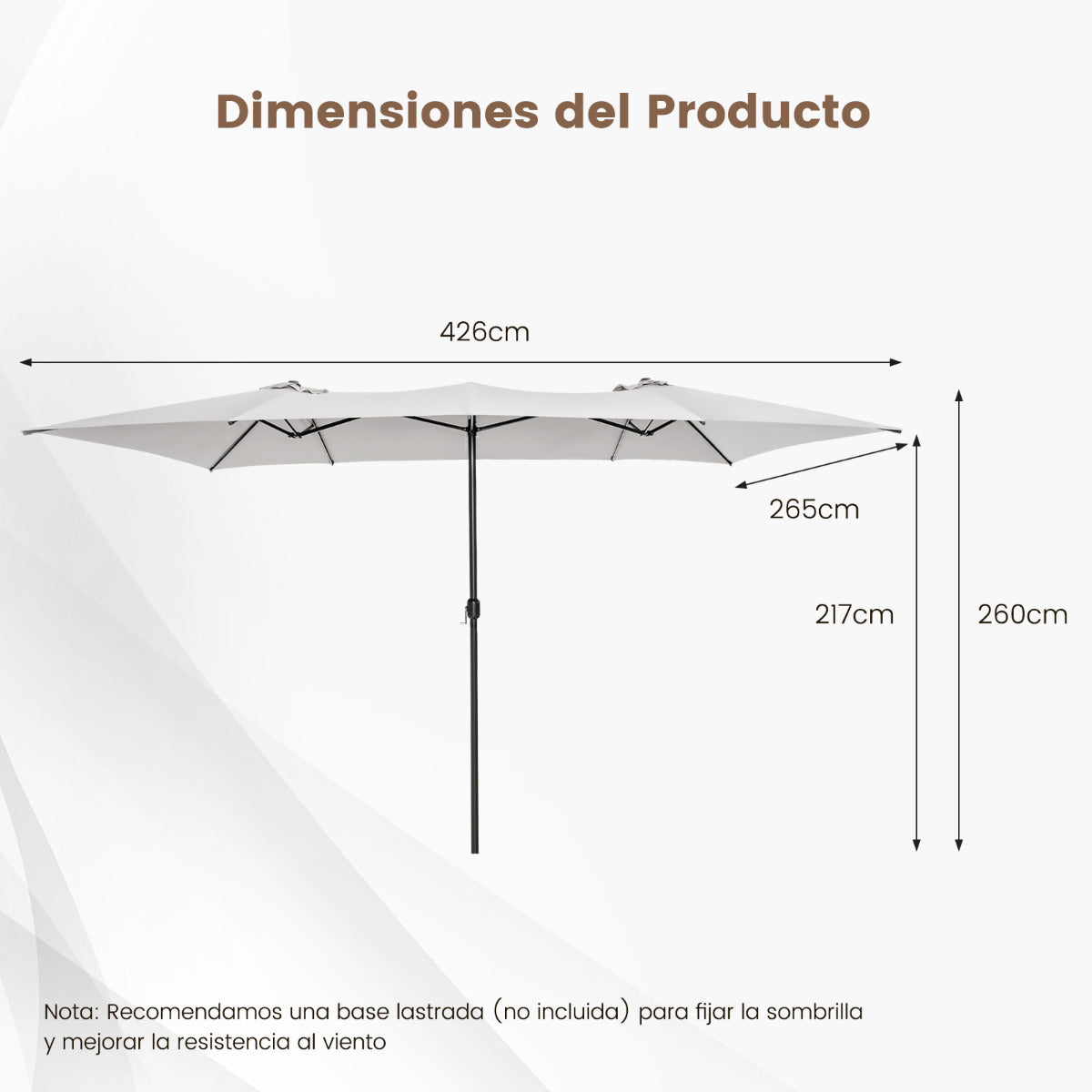 Guarda-Sol Doble de Pátio 4,26 x 2,6 m com Manivela Parte Superior Ventilada Grande Guarda-Sol 10 Varetas para Piscina Terraço Jardim Bege