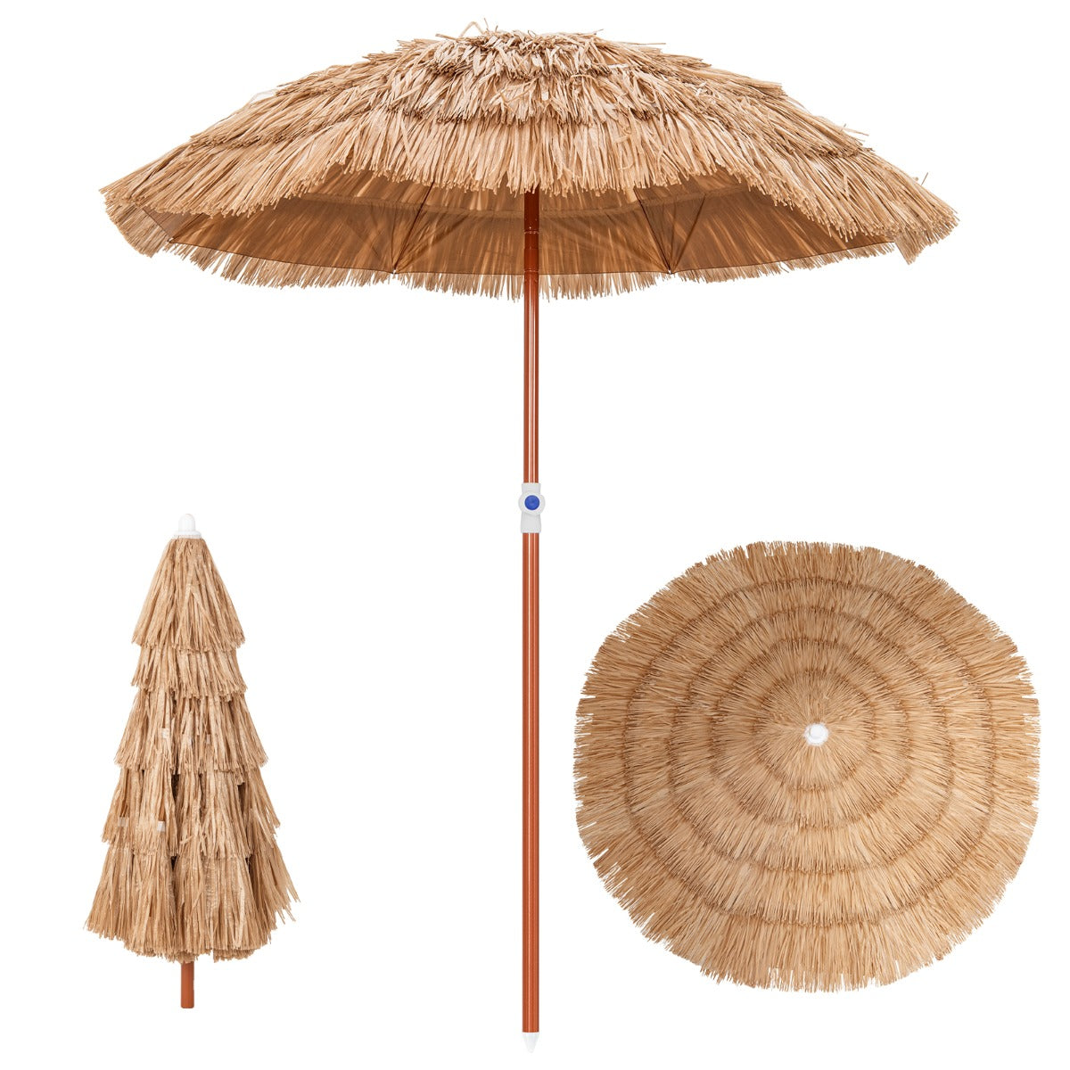 Sombrinha de Palha Ø175cm para Praia com Estilo Havaiano - Parasol Inclinável e Ajustável