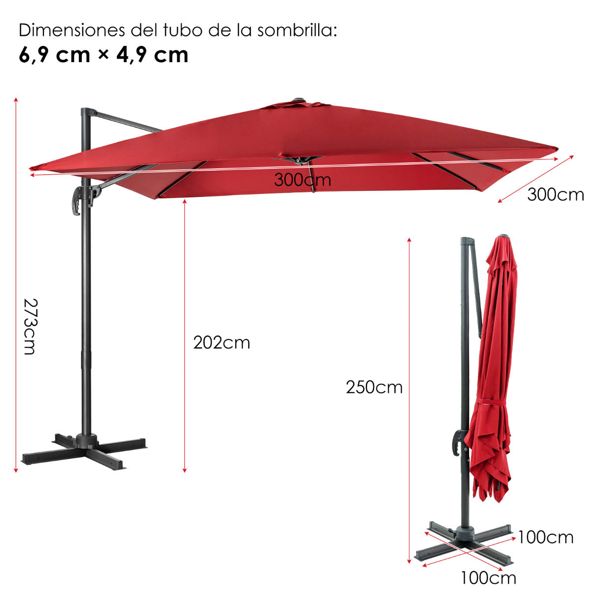 Guarda-Sol de Pátio 300 cm – Vermelho Vinho – Aço e Tecido Poliéster