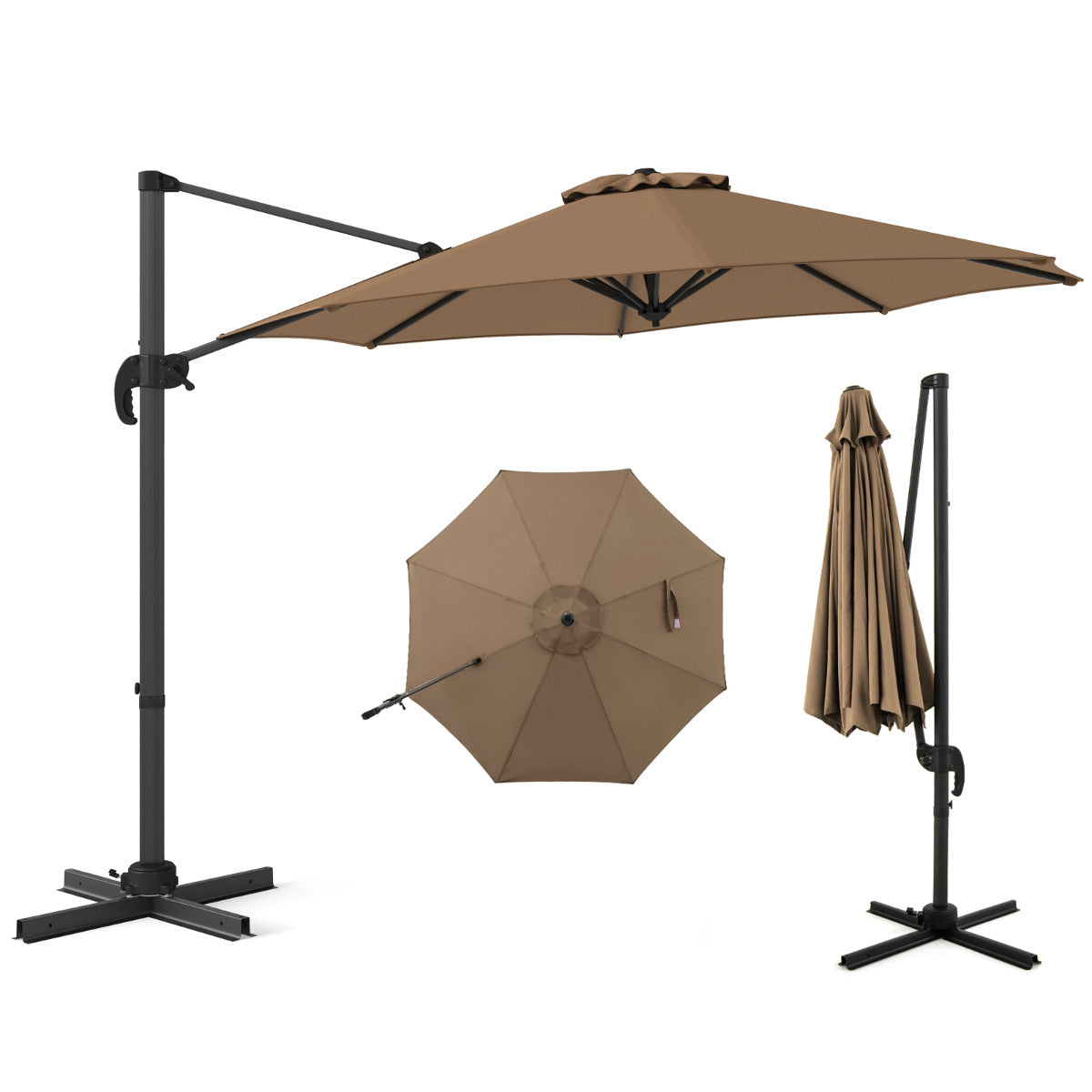 Guarda-Sol Redonda para Pátio Exterior 294 x 247 cm com Rotação de 360° e Base Cruzada 5 Inclinações Ajustáveis - Marrão