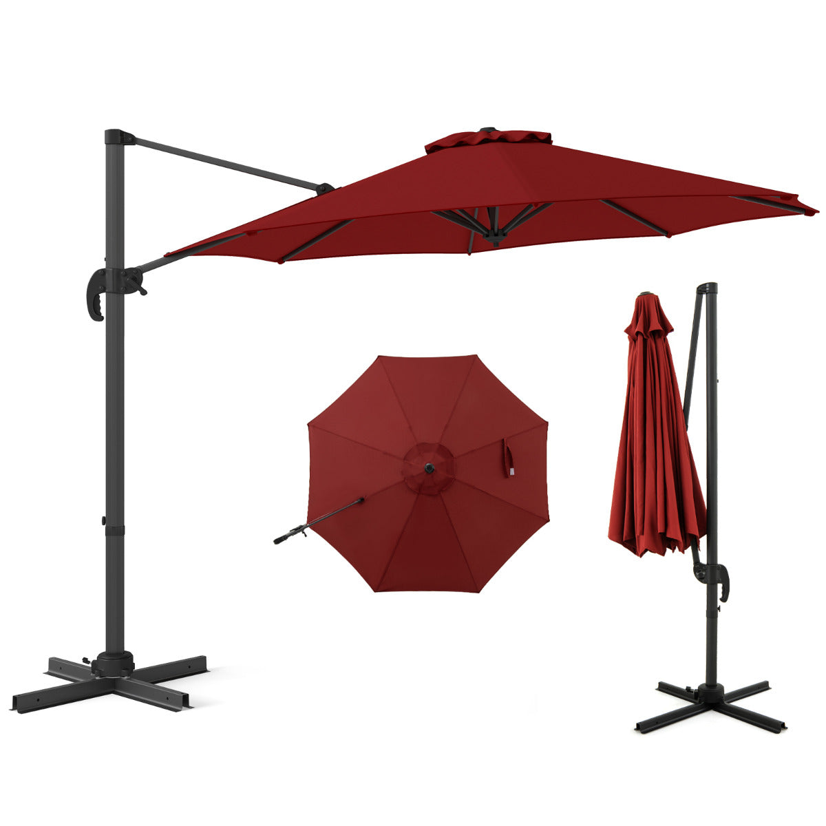 Guarda-Sol Redonda para Exterior 294 x 247 cm com Rotação 360º e Base Cruzada 5 Inclinações Ajustáveis Vermelho Vinho