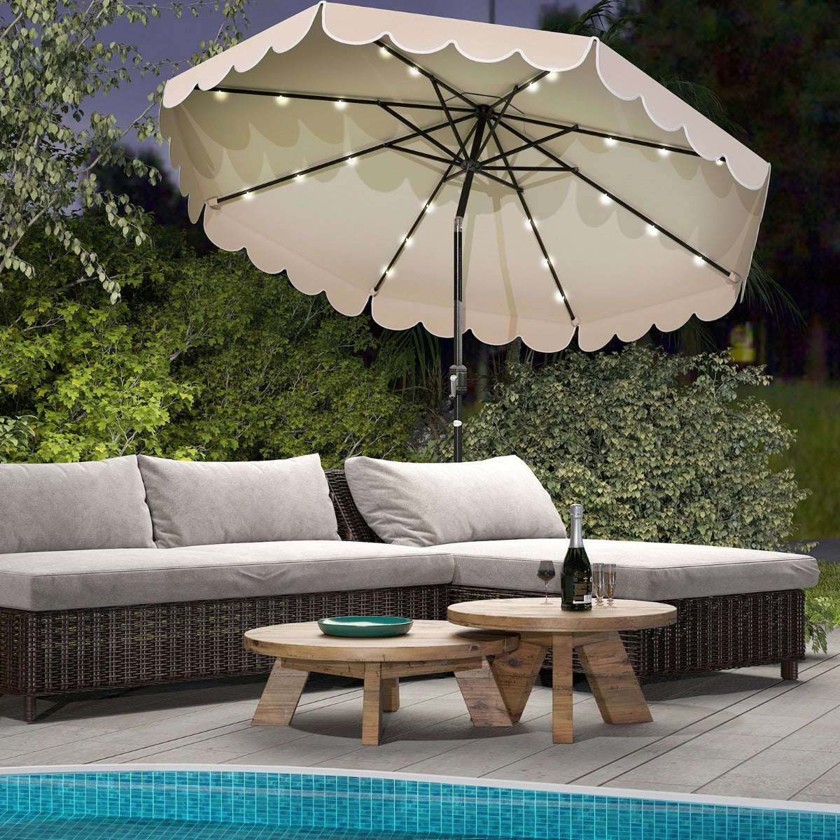 Guarda-Sol de Pátio de 300 cm com 24 Luzes LED Topo Ventilado Ajuste de Inclinação - Bege