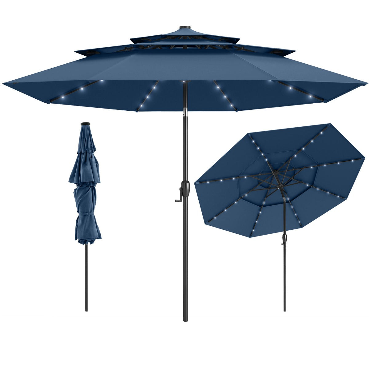 Guarda-Sol Solar para Pátio de 313 cm com 32 Luzes LED - Azul Marinho