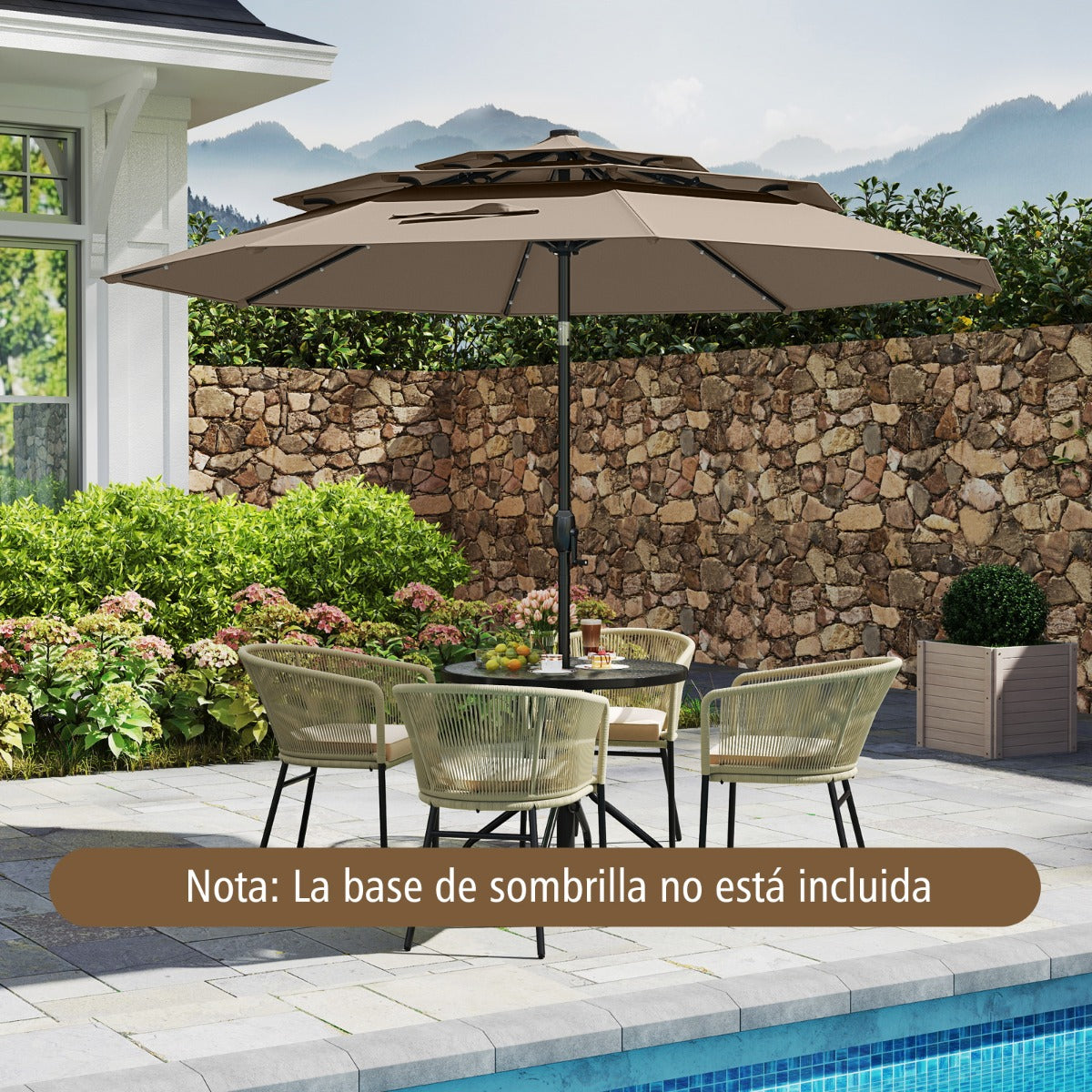 Guarda-Sol para Pátio de 313 cm com 32 Luzes LED Teto Ventilado de 3 Níveis Ajuste de Inclinação - Castanho