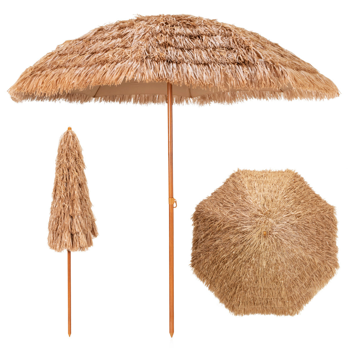 Guarda-Sol Tiki de Palha 205 cm Havaiano com 8 Varetas de Metal de 7 Níveis Portátil para Praia Pátio Piscina Natural