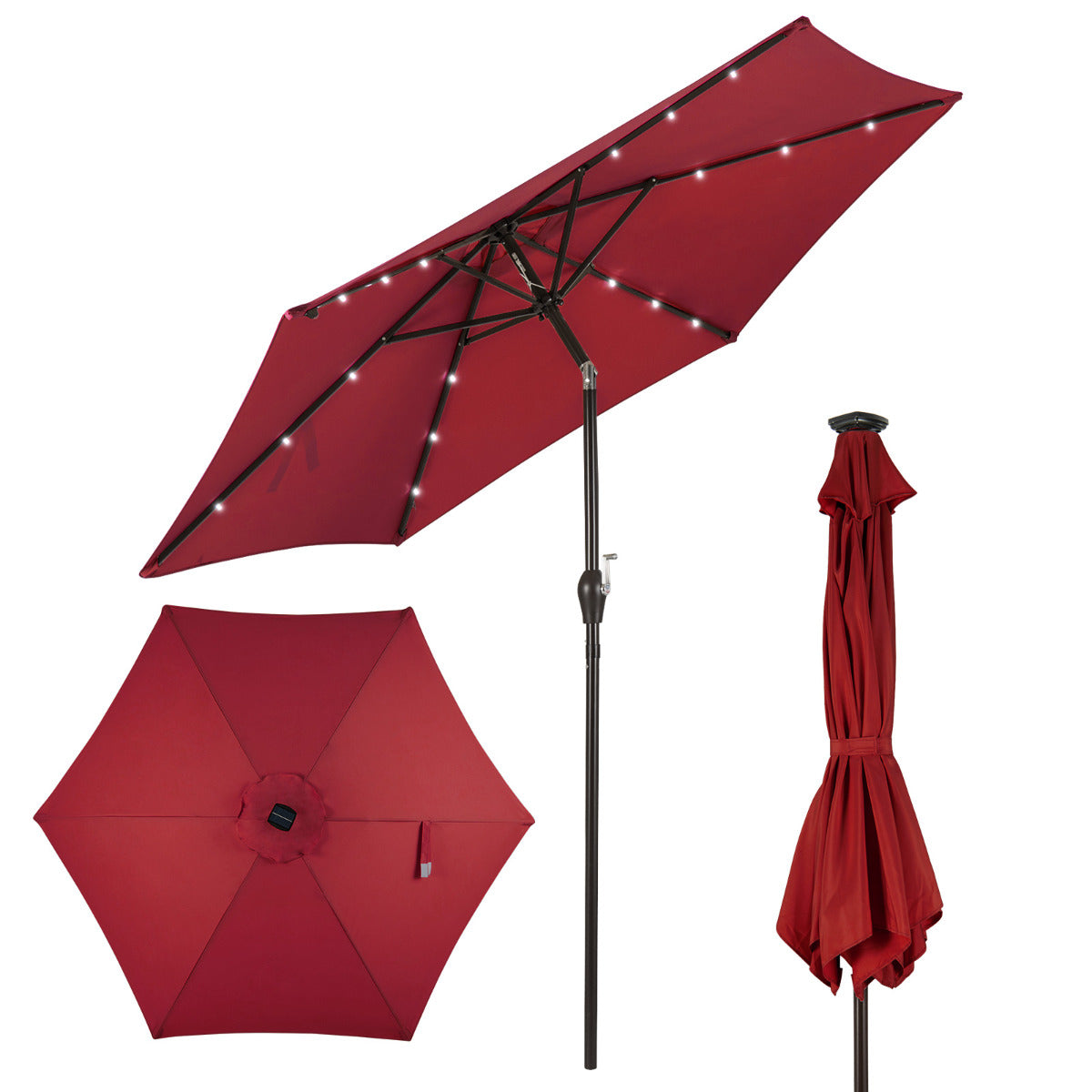 Guarda-sol com luzes LED de jardim em ferro Ø270 cm Vermelho Vinho