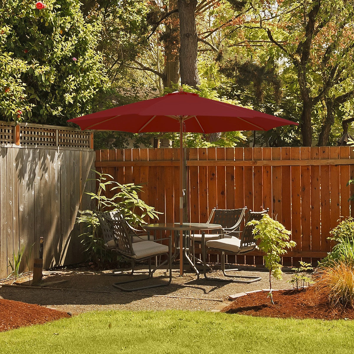 Sombrinha com 8 Varetas de Bambu com Elevação de Polia e Orifício de Ventilação para Praia Jardim 300 x 300 x 262 cm Vermelho Vinho