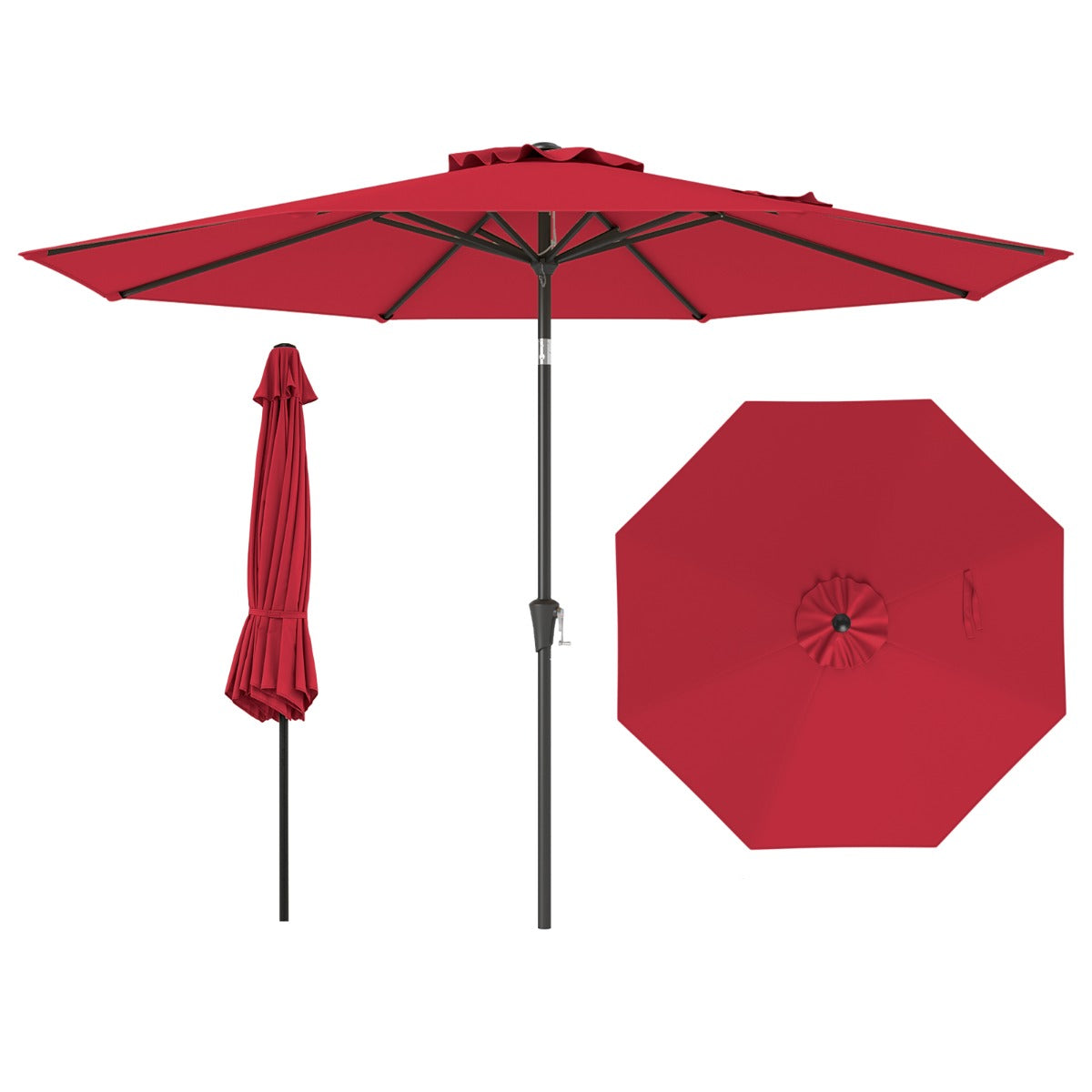 Guarda-Sol de Jardim com Mecanismo de Inclinação de 25° com Manivela 8 Varetas Reforçadas para Pátio Terraço Sem Base Vermelho Vinho