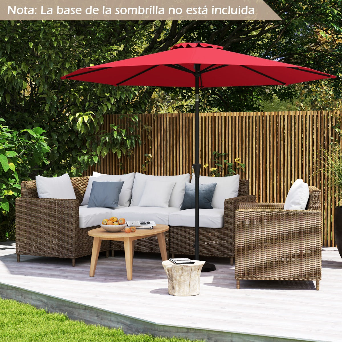 Guarda-Sol de Jardim com Mecanismo de Inclinação de 25° com Manivela 8 Varetas Reforçadas para Pátio Terraço Sem Base Vermelho Vinho