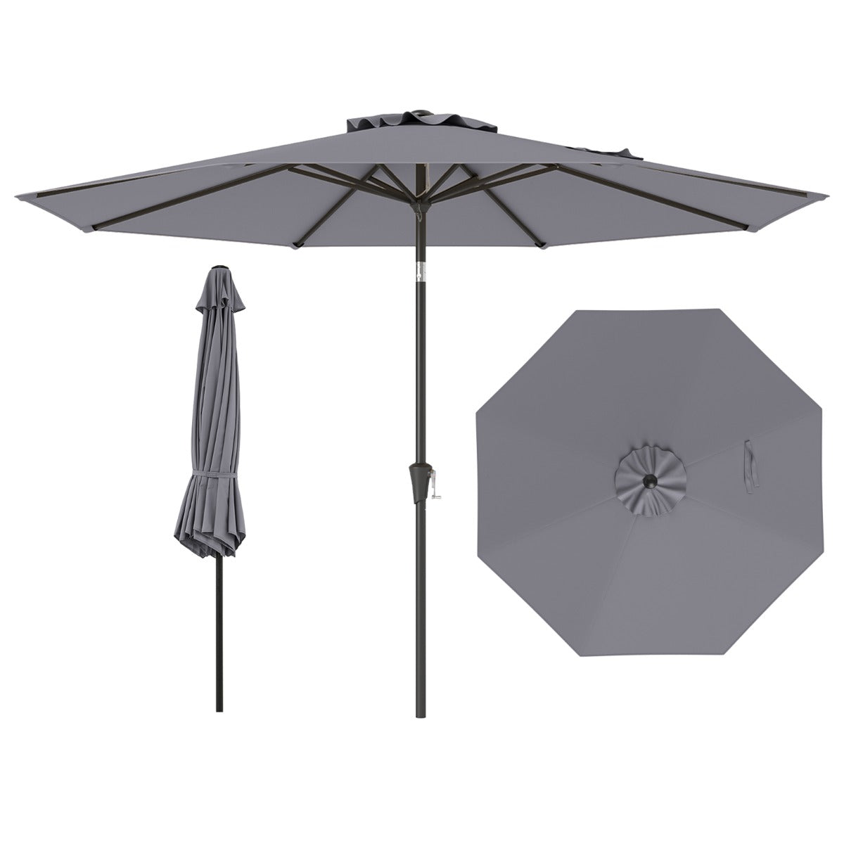 Guarda-Sol de Jardim com Mecanismo de Inclinação de 25° com Manivela 8 Varetas Reforçadas para Pátio Terraço Sem Base Cinzenta