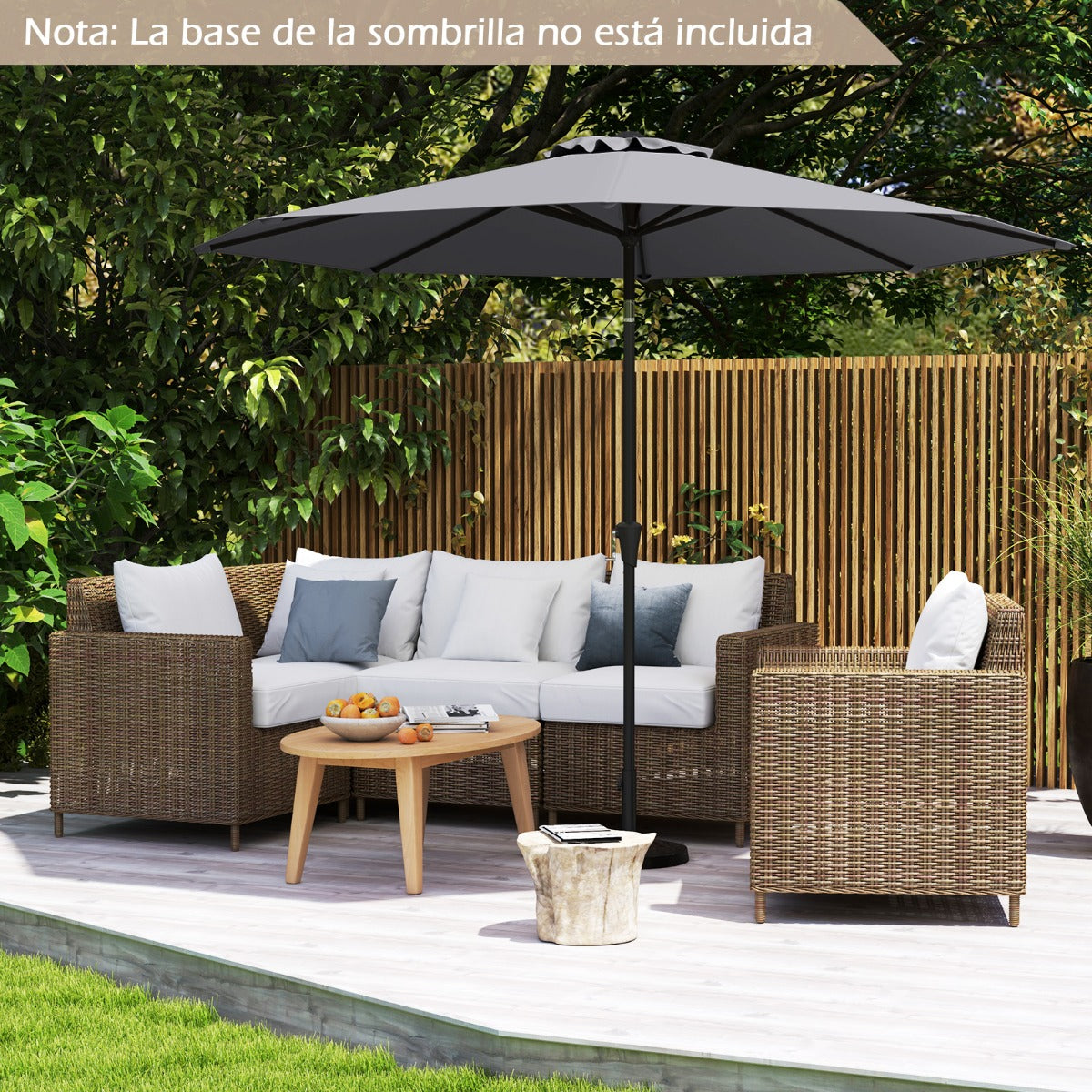 Guarda-Sol de Jardim com Mecanismo de Inclinação de 25° com Manivela 8 Varetas Reforçadas para Pátio Terraço Sem Base Cinzenta