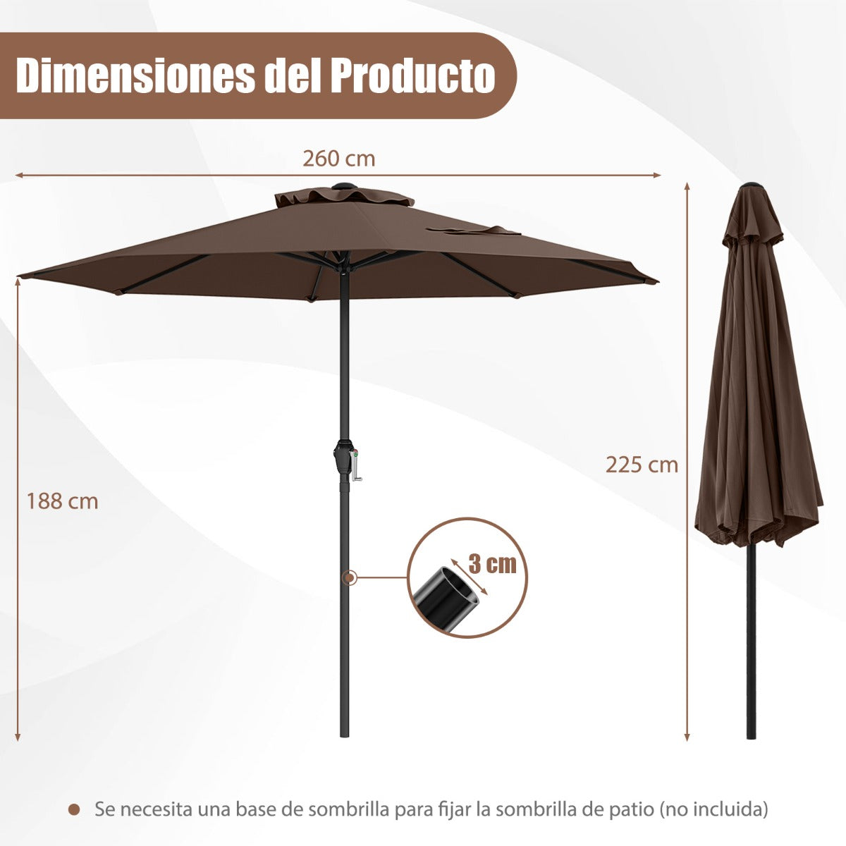Sombrinha de Pátio de 260 cm Sombrinha de Mesa Exterior com Manivela 8 Varetas Teto Protetor contra Sol Café 260 x 260 x 225 cm