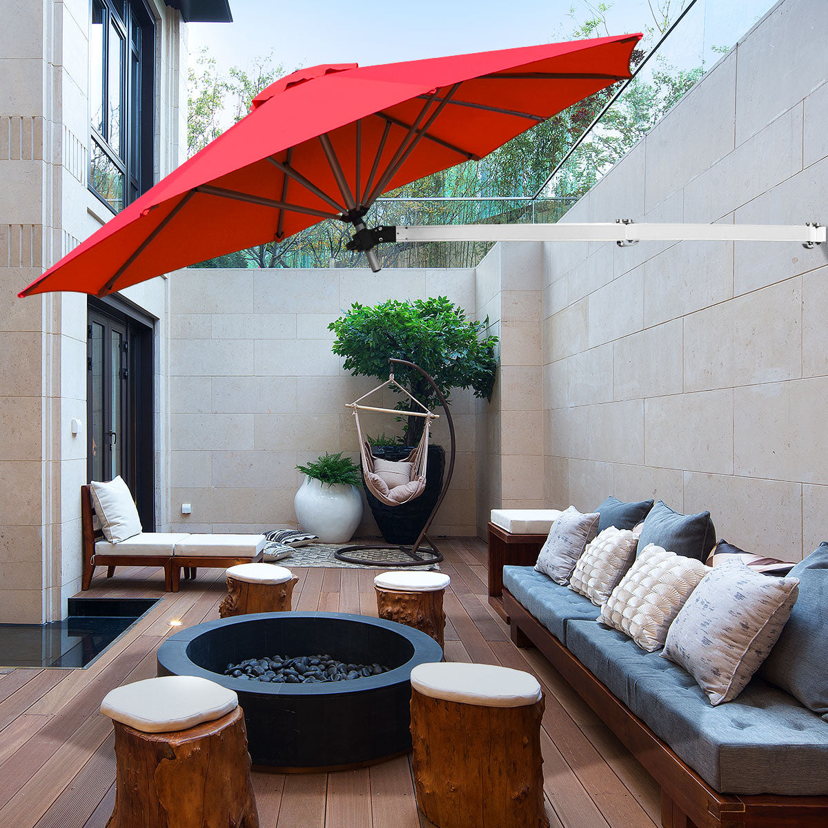 Guarda-Sol de Parede com Poste Ajustável e Inclinável para Jardim, Varanda e Pátio 250 cm x 184 cm Vermelho Escuro