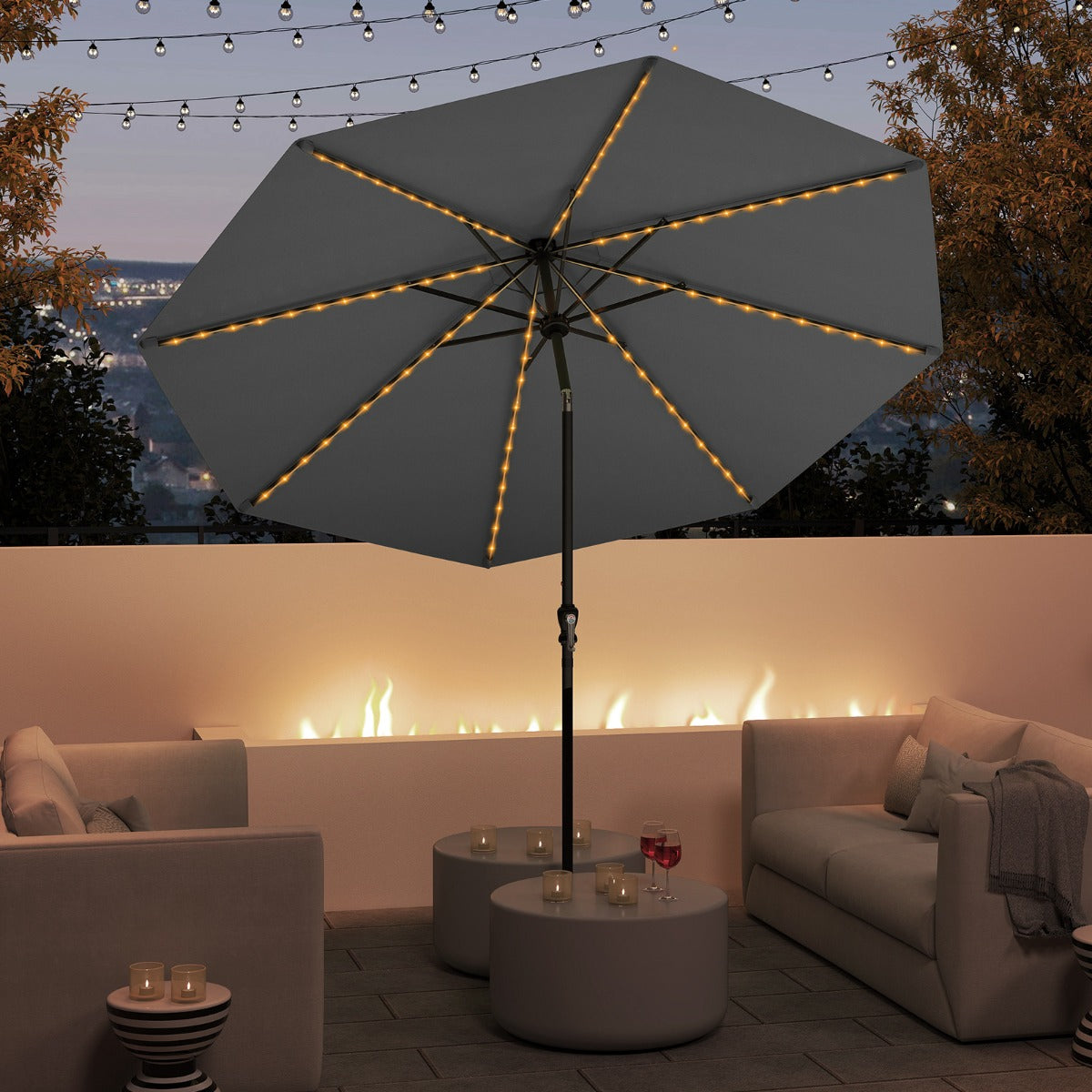 Guarda-Sol Solar para Pátio com 96 Luzes LED 9 Modos 8 Varillas Tapa Ventilada para Jardim Terraço Praia Relvado 300 x 197 cm Cinzento