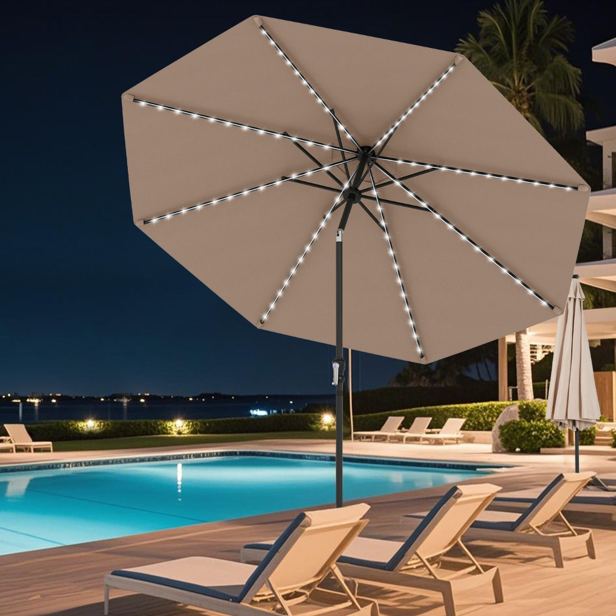 Guarda-Sol Solar para Pátio com 96 Luzes LED 9 Modos 8 Varetas Tampa Ventilada para Jardim Terraço Praia Relvado 300 x 197 cm Café