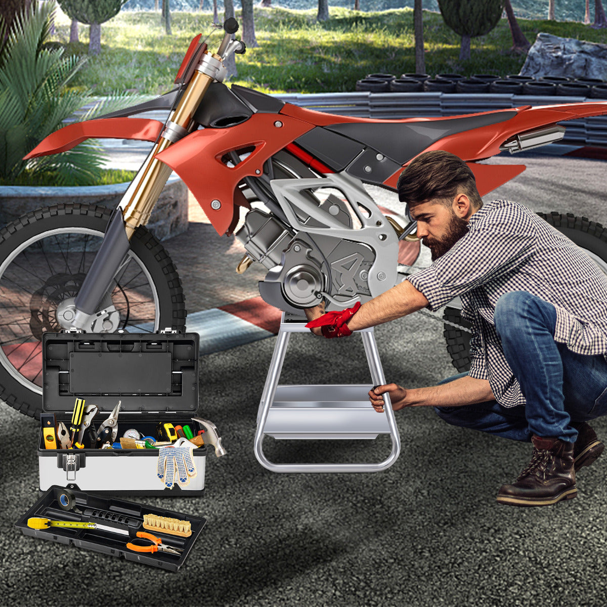 Suporte de Elevação Resistente para Motocicleta com Bandeja de Óleo Removível - Carga 450 kg