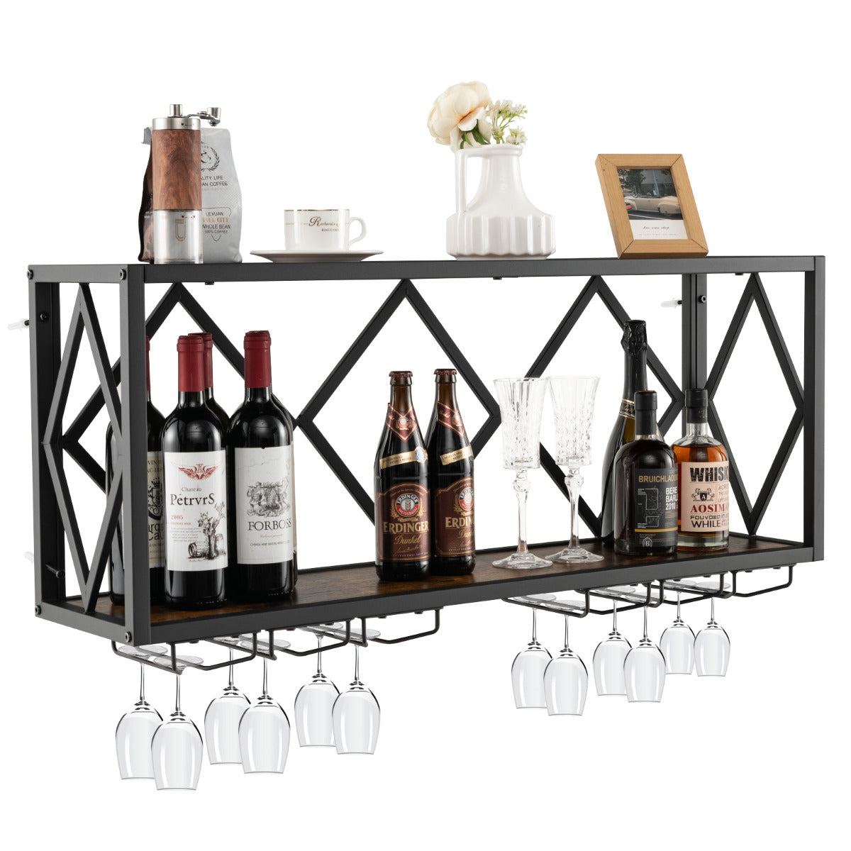 Soporte de Parede para 39 Garrafas de Vinho Estante de Exibição de Vinho com Suporte para 12 Copos para Cozinha Sala de Jantar 100 x 25 x 45 cm