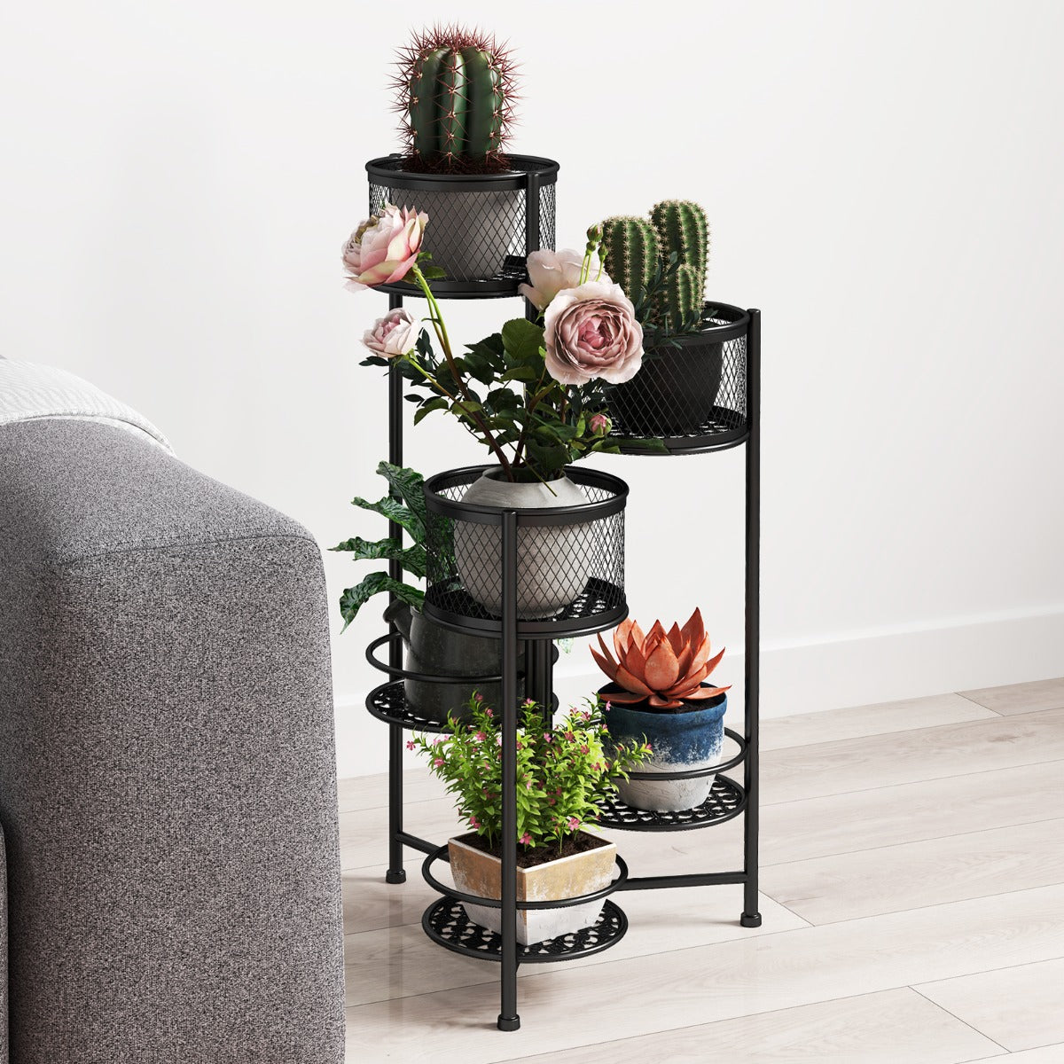 Estante Dobrável de 6 Níveis para Plantas – 41 x 39 x 82 cm – Preto – Metal