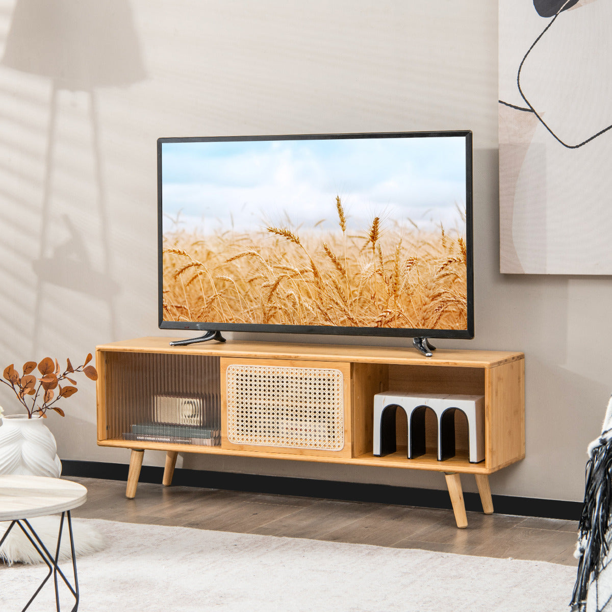 Móvel de TV em Bambu Moderno até 55'' com Portas Deslizantes de Vime Centro de Entretenimento Estante 120,5 x 31 x 45.5 cm Natural