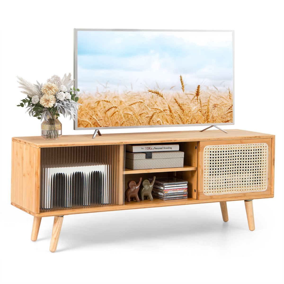 Móvel de TV em Bambu Moderno até 55'' com Portas Deslizantes de Vime Centro de Entretenimento Estante 120,5 x 31 x 45.5 cm Natural
