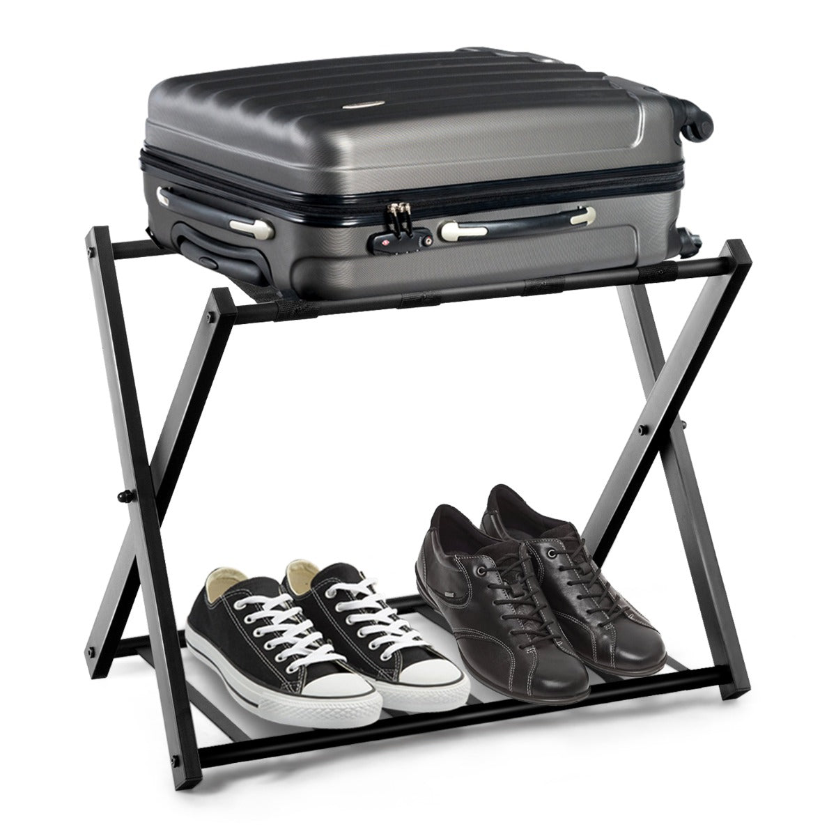 Estante Dobrável para Bagageira Suporte em Metal para Malas Até 60kg com 4 Correias Estáveis e Design de 2 Pisos para Casa Hotel Preto