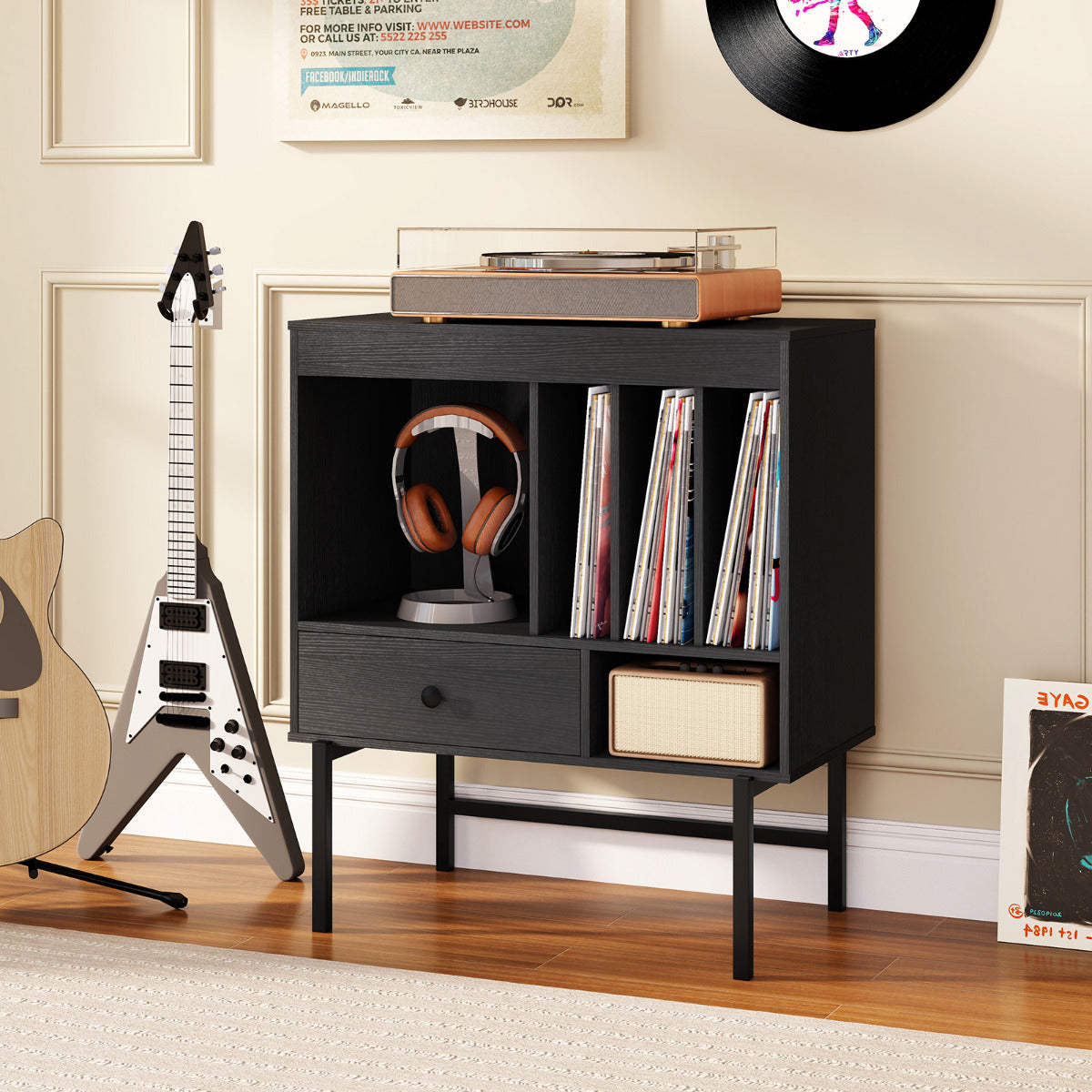 Móvel de Vinil Moderno com Grande Suporte para Tocadiscos e Compartimentos - Preto