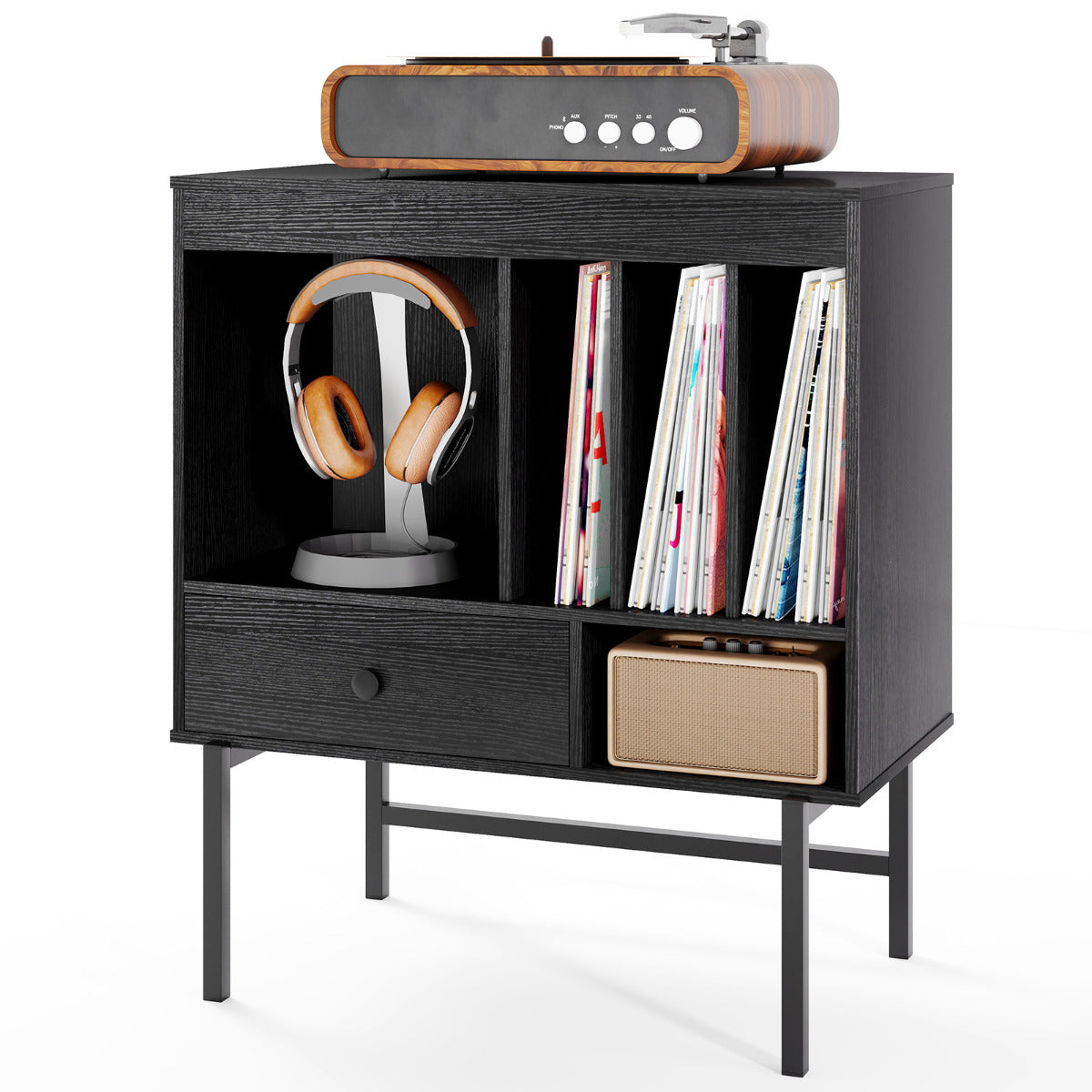 Móvel de Vinil Moderno com Grande Suporte para Tocadiscos e Compartimentos - Preto