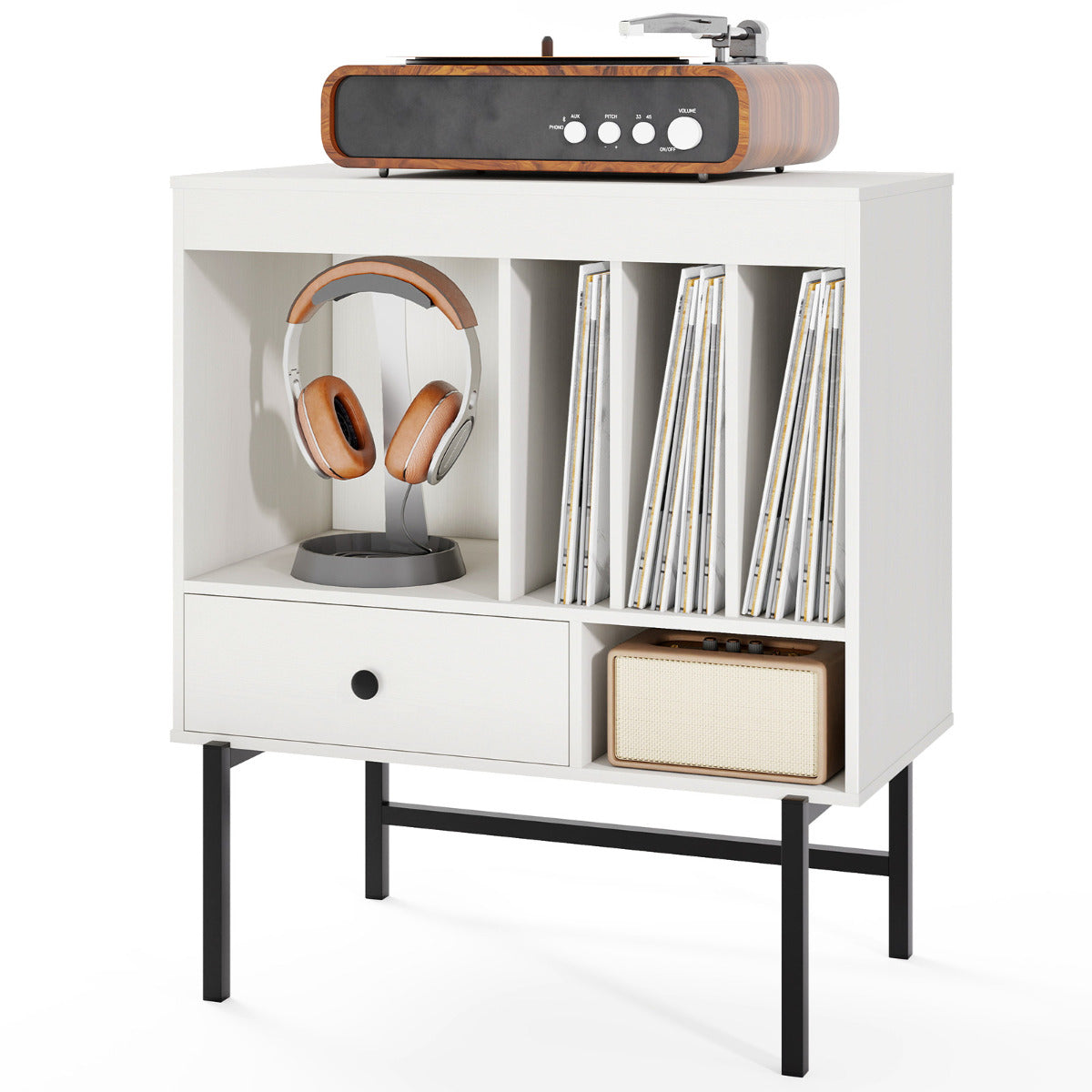Armário de Vinil Moderno com Grande Suporte para Tocadiscos e Compartimentos Abertos
