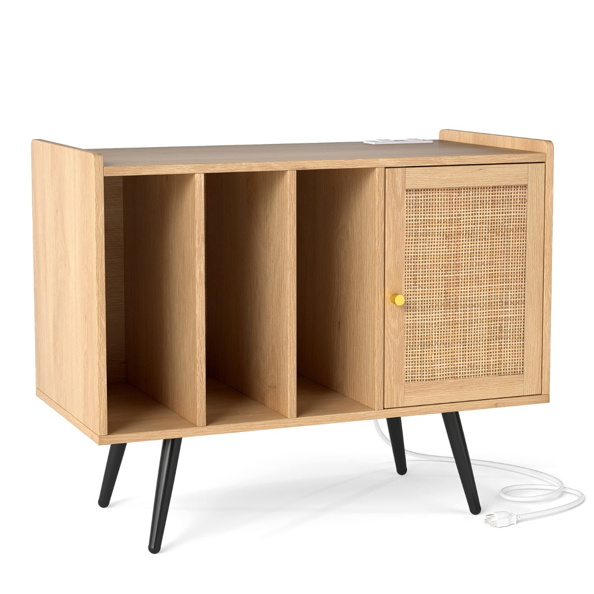 Suporte para Tocadiscos com Estação de Carga Armário de Ratan Estante Ajustável Móvel para 220 Discos 80 x 40 x 65 cm Natural