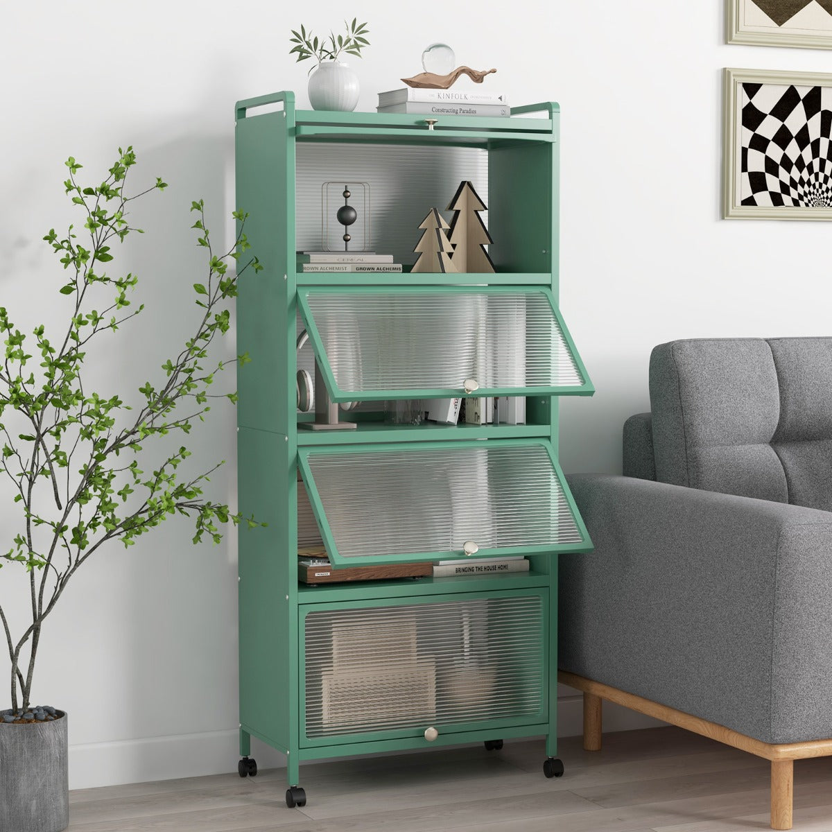 Armário de Microondas de 5 Níveis com Rodas e Duplo Dispositivo Antiqueda para Cozinha 60 x 32 x 154 cm Verde