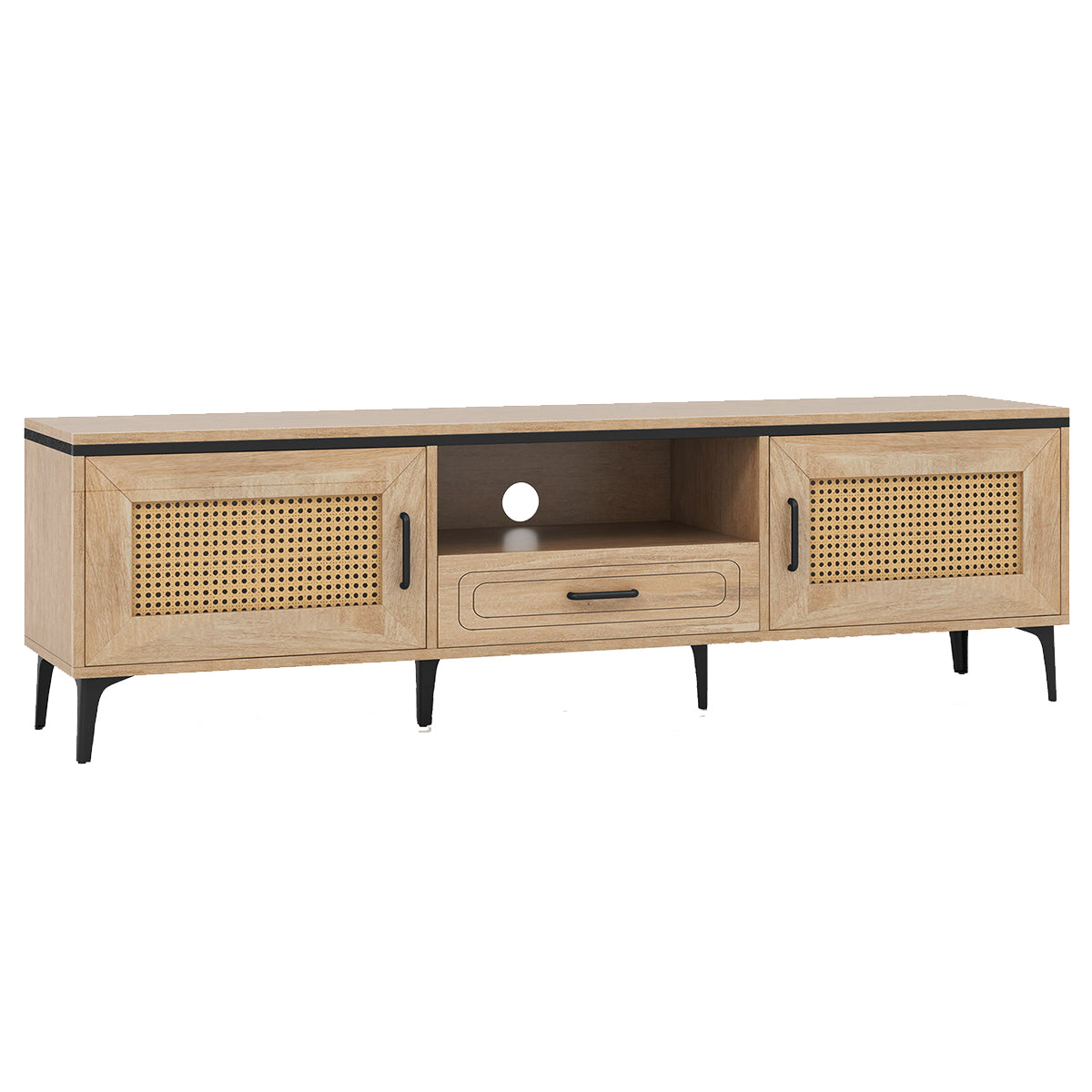 Móvel de TV com 2 Armários e Gaveta de Arrumação com Orifício para Cabos para TV de 65 Polegadas 150 x 35 x 45,5 cm Natural