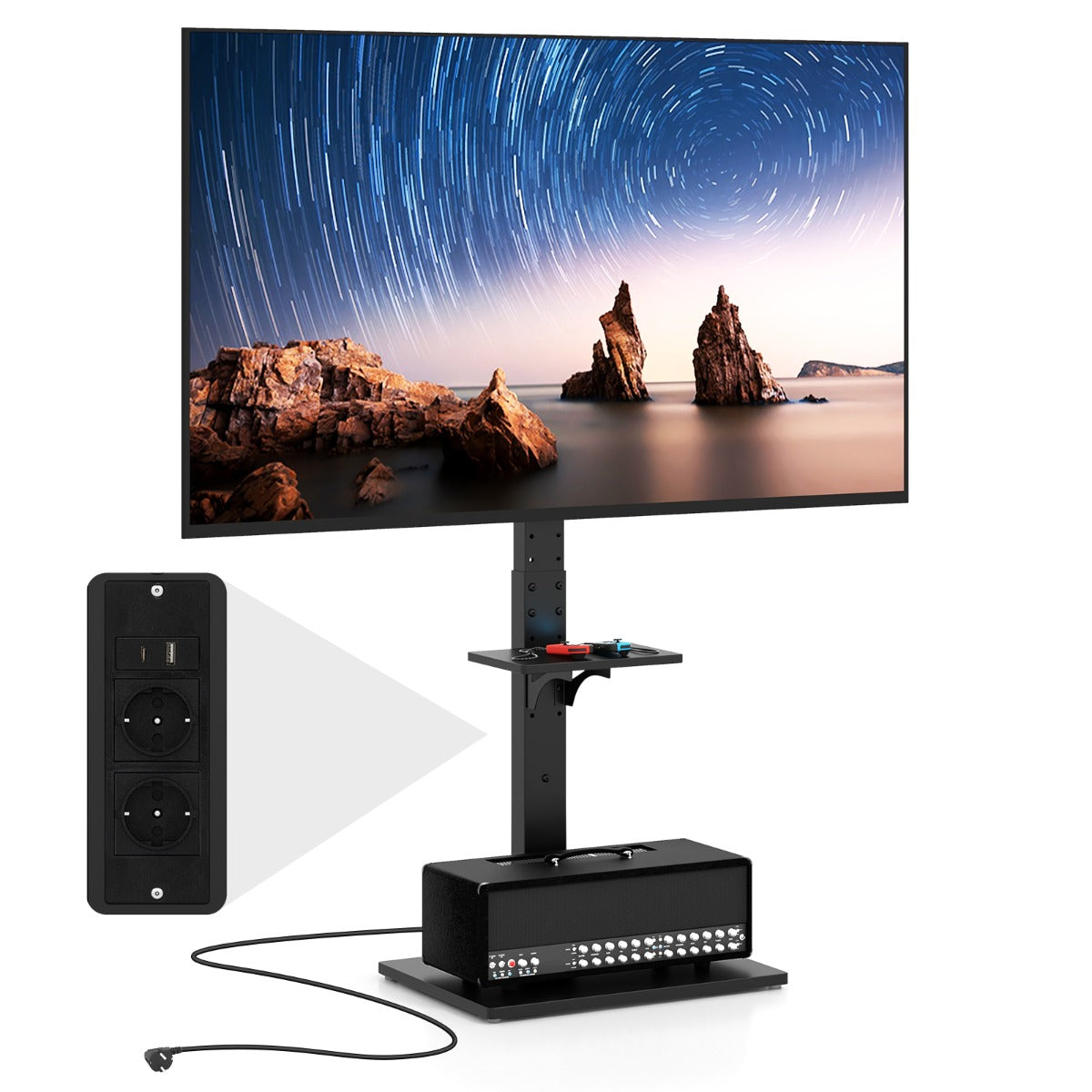 Suporte de TV com Tomadas Ajustável em Altura com Prateleira para Televisores de 32-70 Polegadas para Sala de Estar Escritório 66 x 40 x 108-132 cm Preto