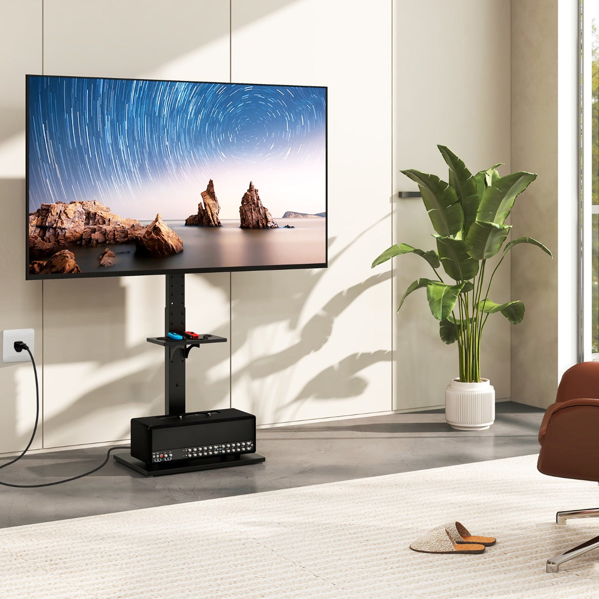 Suporte de TV com Tomadas Ajustável em Altura com Prateleira para Televisores de 32-70 Polegadas para Sala de Estar Escritório 66 x 40 x 108-132 cm Preto