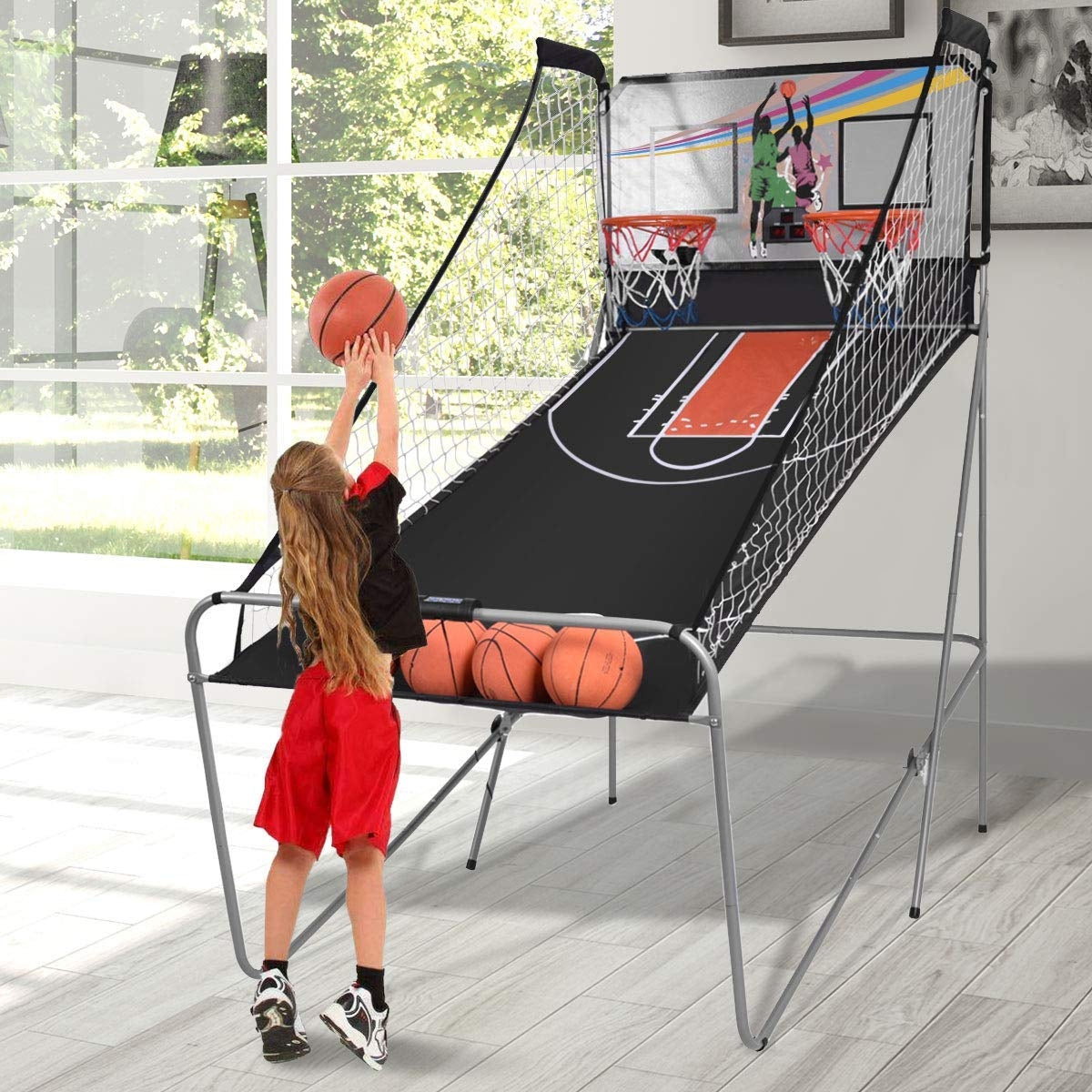 Jogo de Basquetebol Eletrónico com Cesto Dobrável e Contador de Pontos - 202 x 107 x 205 cm