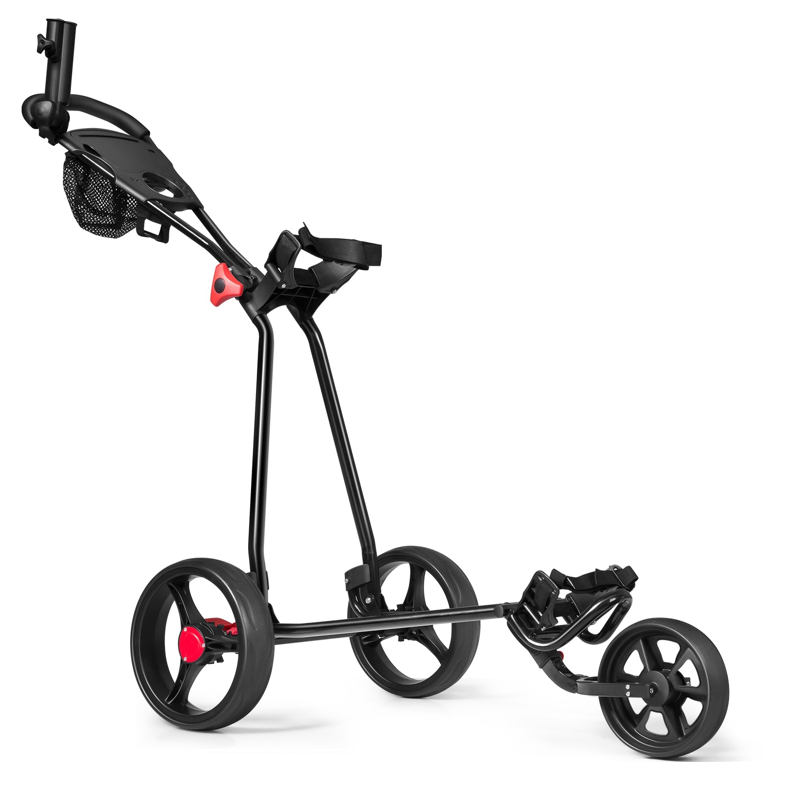 Carrinho de Golfe com Pega Regulável 3 Rodas em Ferro Leve Dobrável Travão de Pedal Bolsa de Rede Preto 134 x 60 x 129,5 cm
