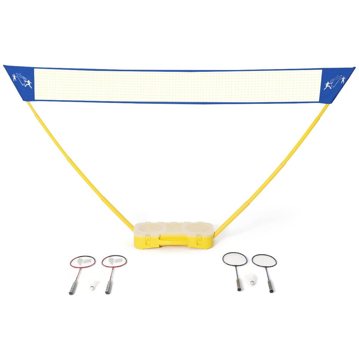 Conjunto de Rede de Badminton Portátil com 2 Raquetes e 2 Volantes, Fácil de Montar, para Praia e Pátio, Amarelo e Azul, 3 x 1,5 m