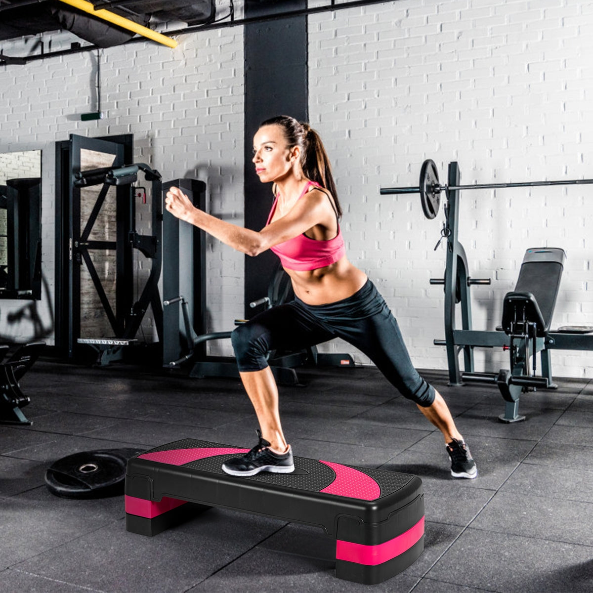 Plataforma Step para Aeróbica e Treino em Casa, Ginásio e Escritório Preto e Rosa 78,5 x 30 x 10-20 cm