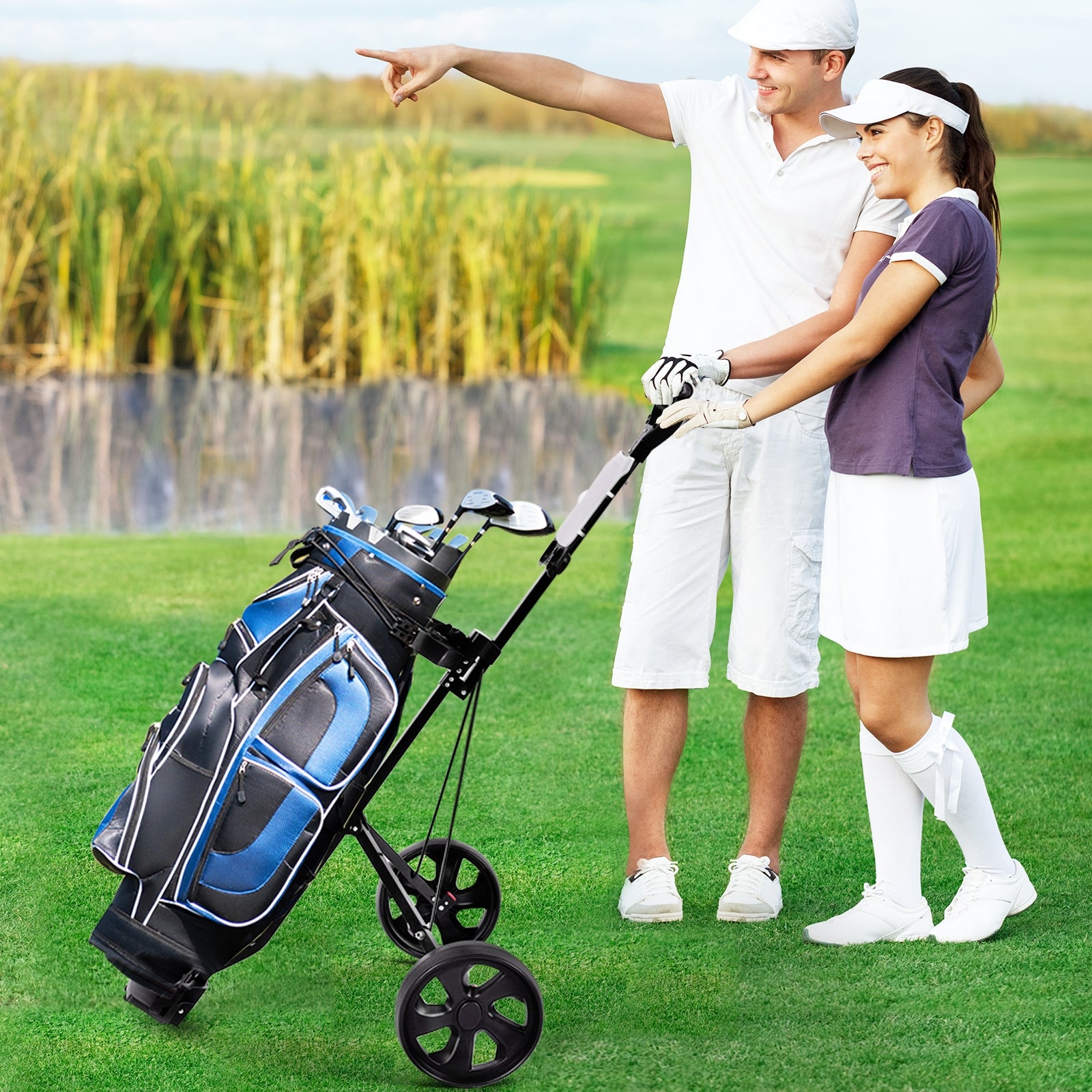 Carro de Golfe Dobrável e Portátil com 2 Rodas e Suporte para Guarda-Sol Preto 67,5 x 103,5 x 108,5 cm