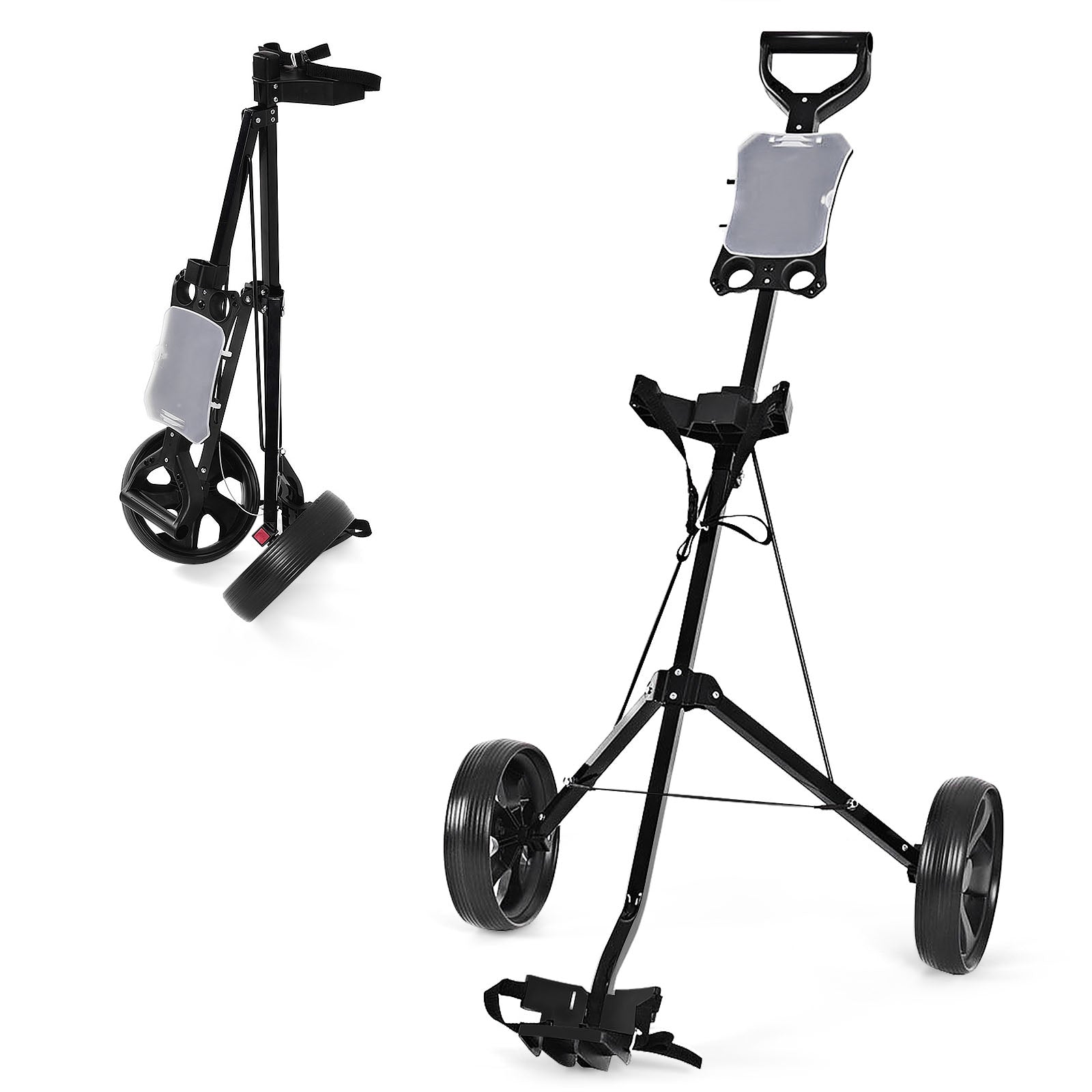 Carro de Golfe Dobrável e Portátil com 2 Rodas e Suporte para Guarda-Sol Preto 67,5 x 103,5 x 108,5 cm