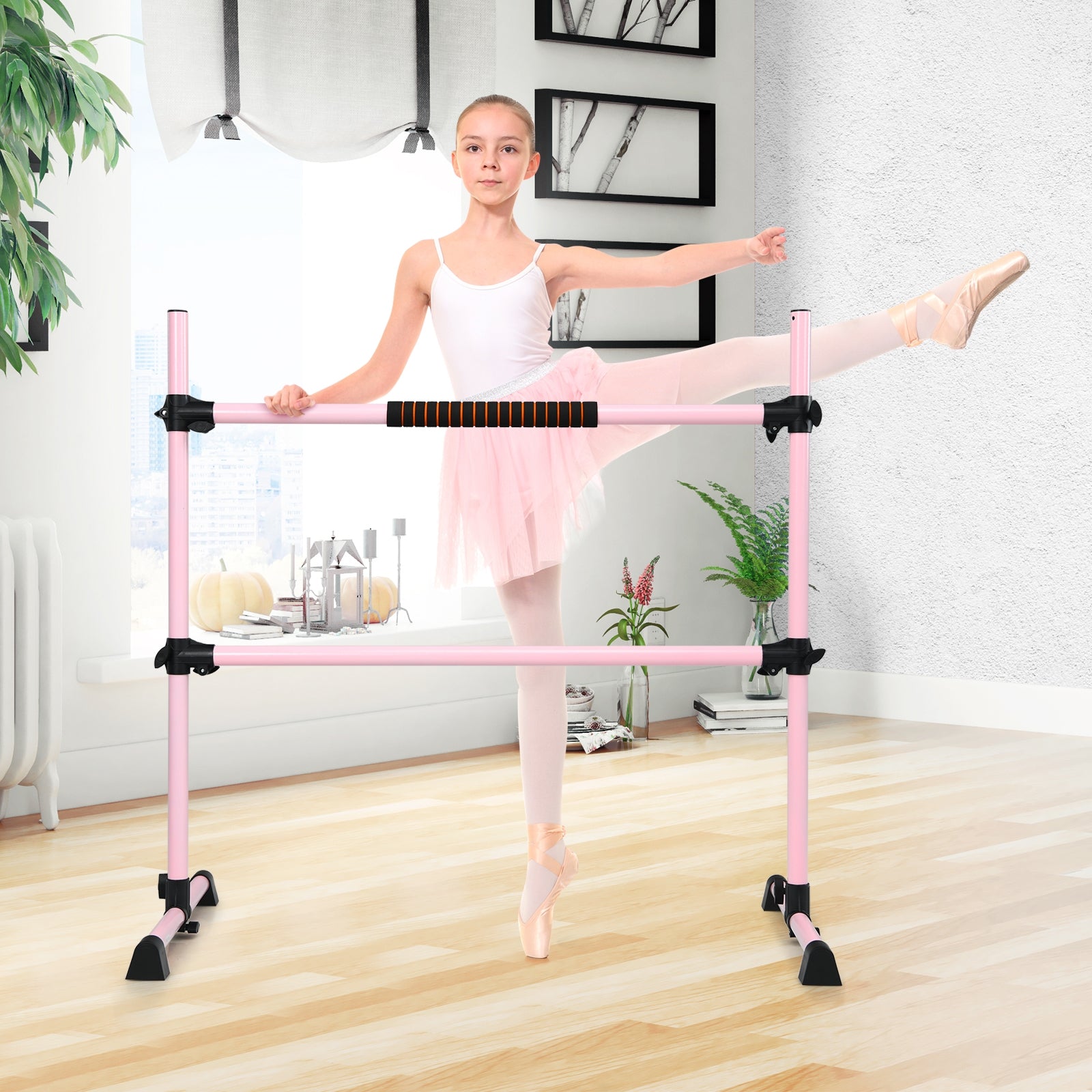 Barra Dupla para Ballet Portátil com Altura Regulável para Meninas Adultas Fitness Dança Alongar Músculos Rosa 124,5 x 71 x 120 cm