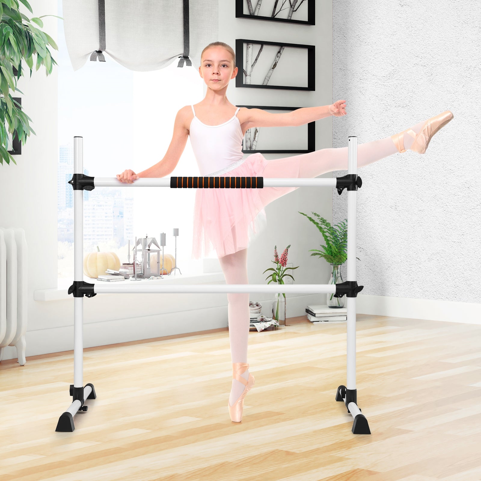 Barra Dupla para Ballet Portátil com Altura Regulável para Meninas e Adultos Fitness Dança Alongamento Músculos Prata 124,5 x 71 x 120 cm