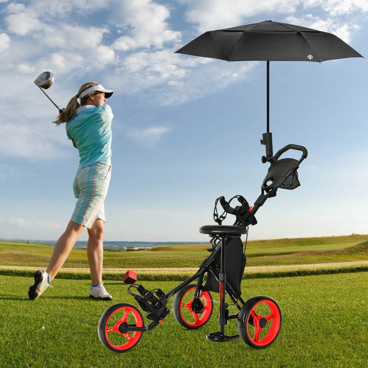 Carro de Golfe Dobrável – Cor Vermelha – Estrutura em Aço