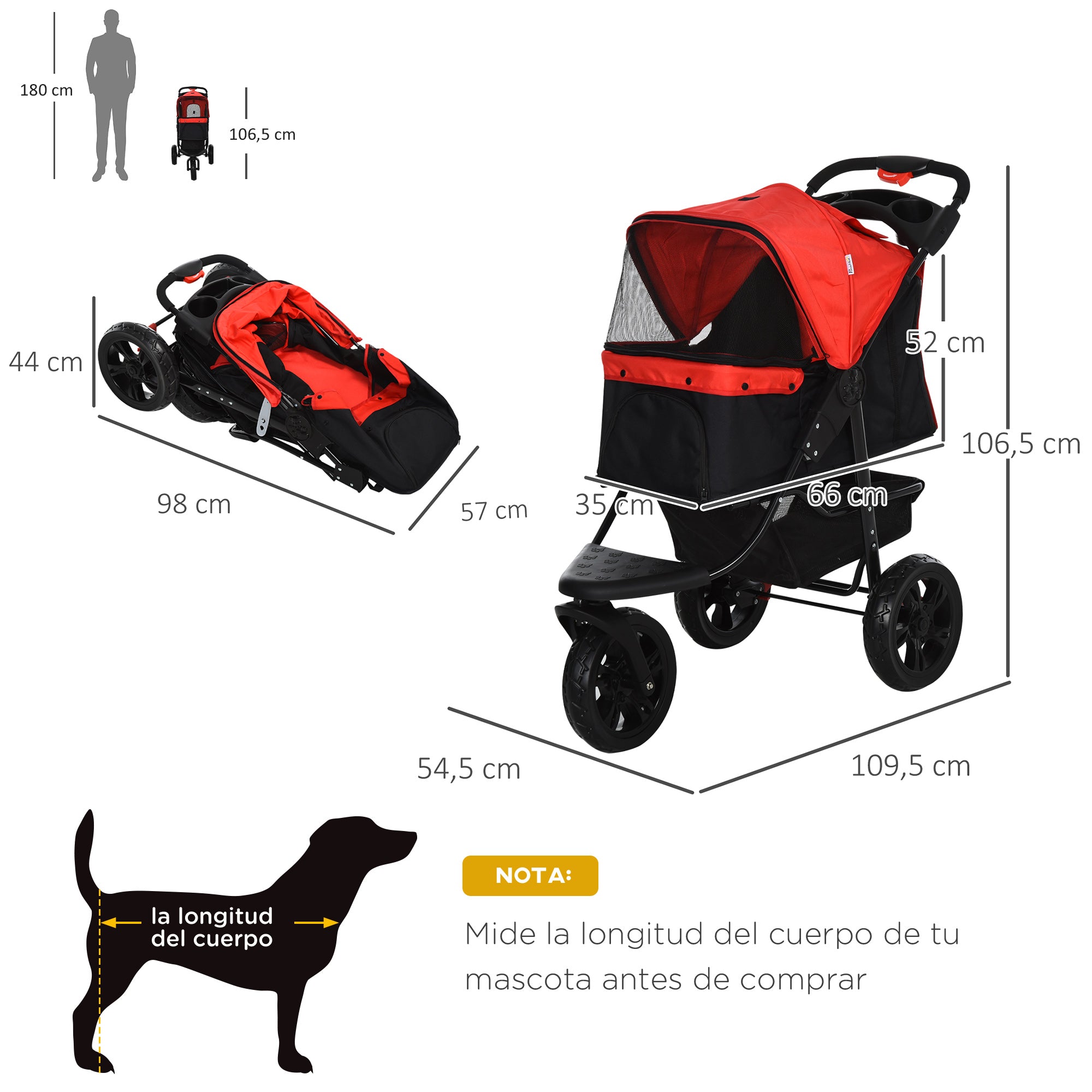 Carrinho para Animais de Estimação Dobrável com 3 Rodas e Cesto de Armazenamento 109,5x54,5x106,5 cm - Vermelho