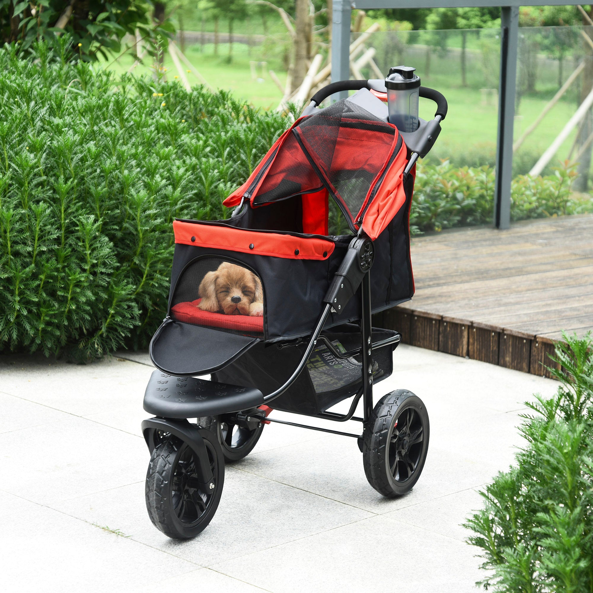 Carrinho para Animais de Estimação Dobrável com 3 Rodas e Cesto de Armazenamento 109,5x54,5x106,5 cm - Vermelho