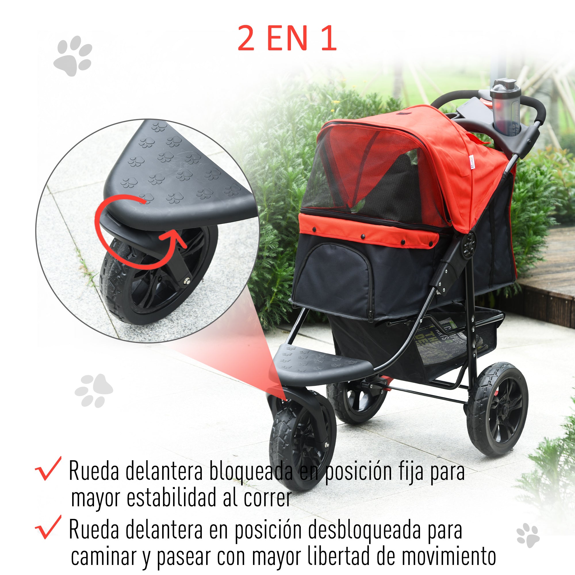 Carrinho para Animais de Estimação Dobrável com 3 Rodas e Cesto de Armazenamento 109,5x54,5x106,5 cm - Vermelho
