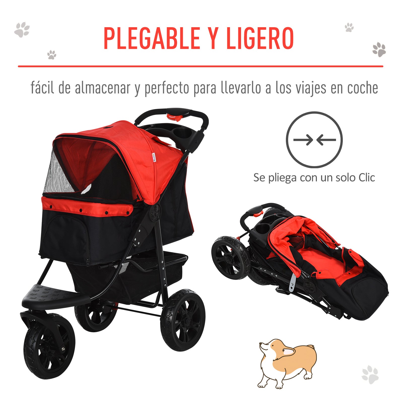 Carrinho para Animais de Estimação Dobrável com 3 Rodas e Cesto de Armazenamento 109,5x54,5x106,5 cm - Vermelho