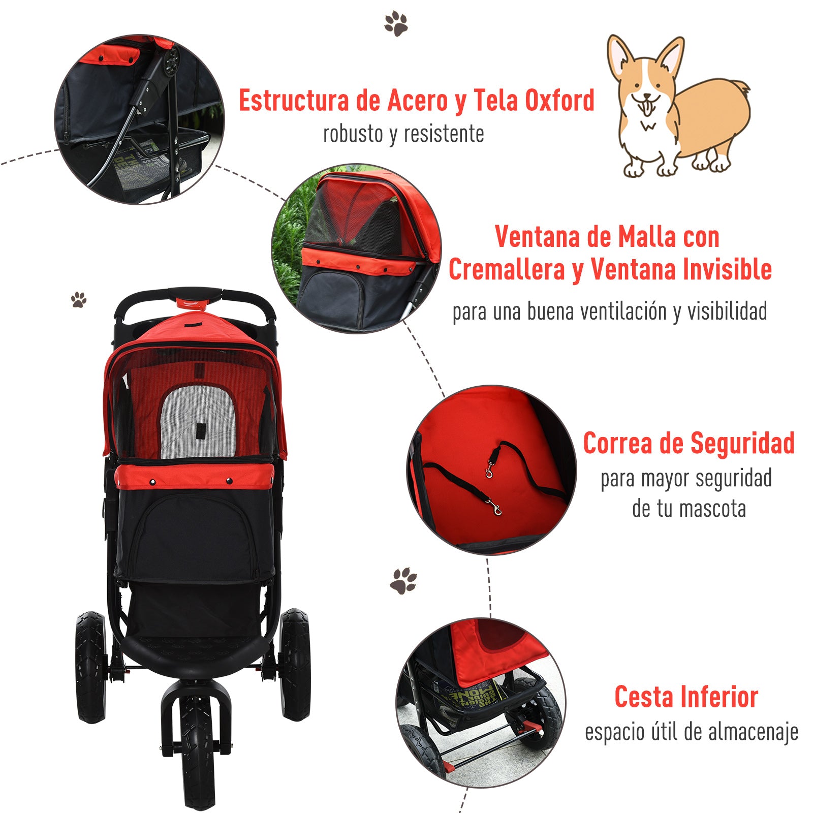Carrinho para Animais de Estimação Dobrável com 3 Rodas e Cesto de Armazenamento 109,5x54,5x106,5 cm - Vermelho