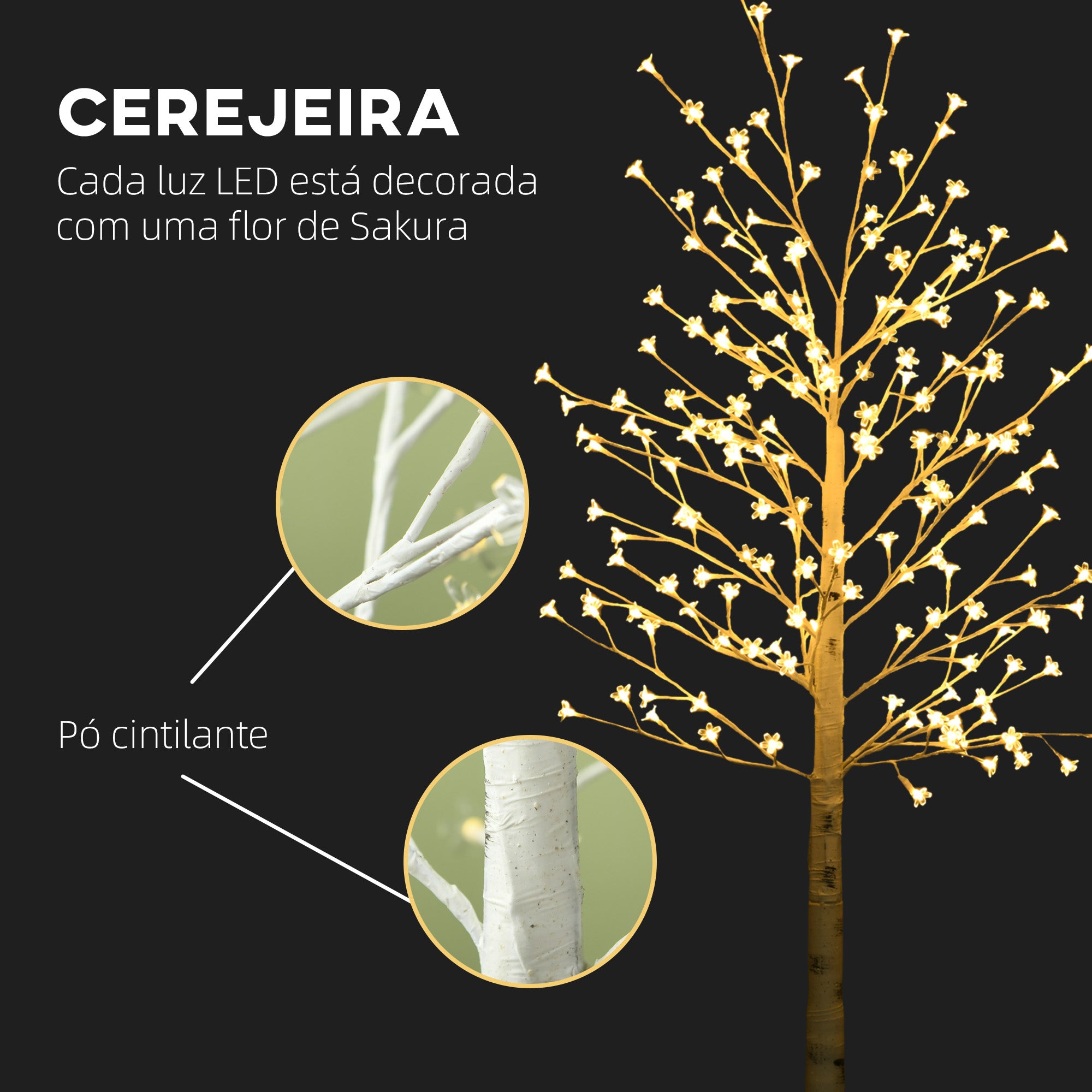 Árvore Cerejeira Branca com 180 Luzes LED - 21.5x21.5x180 cm