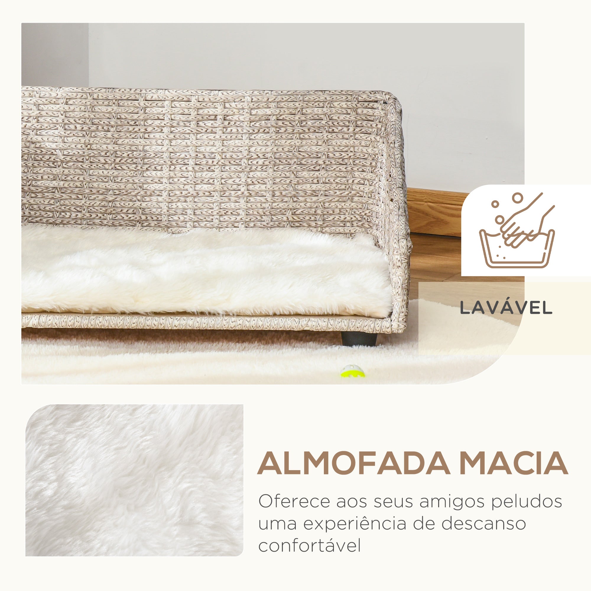 Sofá Cama de Vime para Animais de Estimação 70,5x40x37,5cm Bege