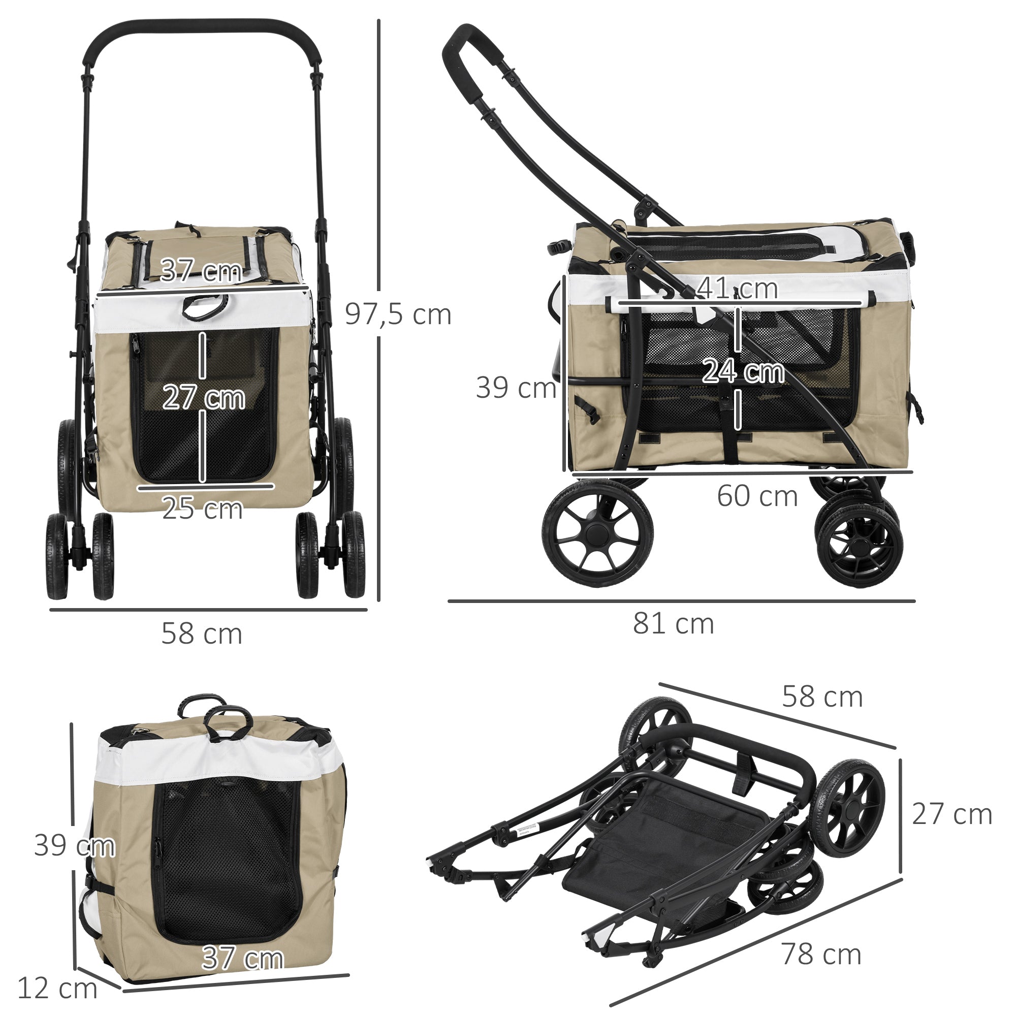 Carrinho para Animais de Estimação Dobrável Cáqui 81x58x97,5 cm